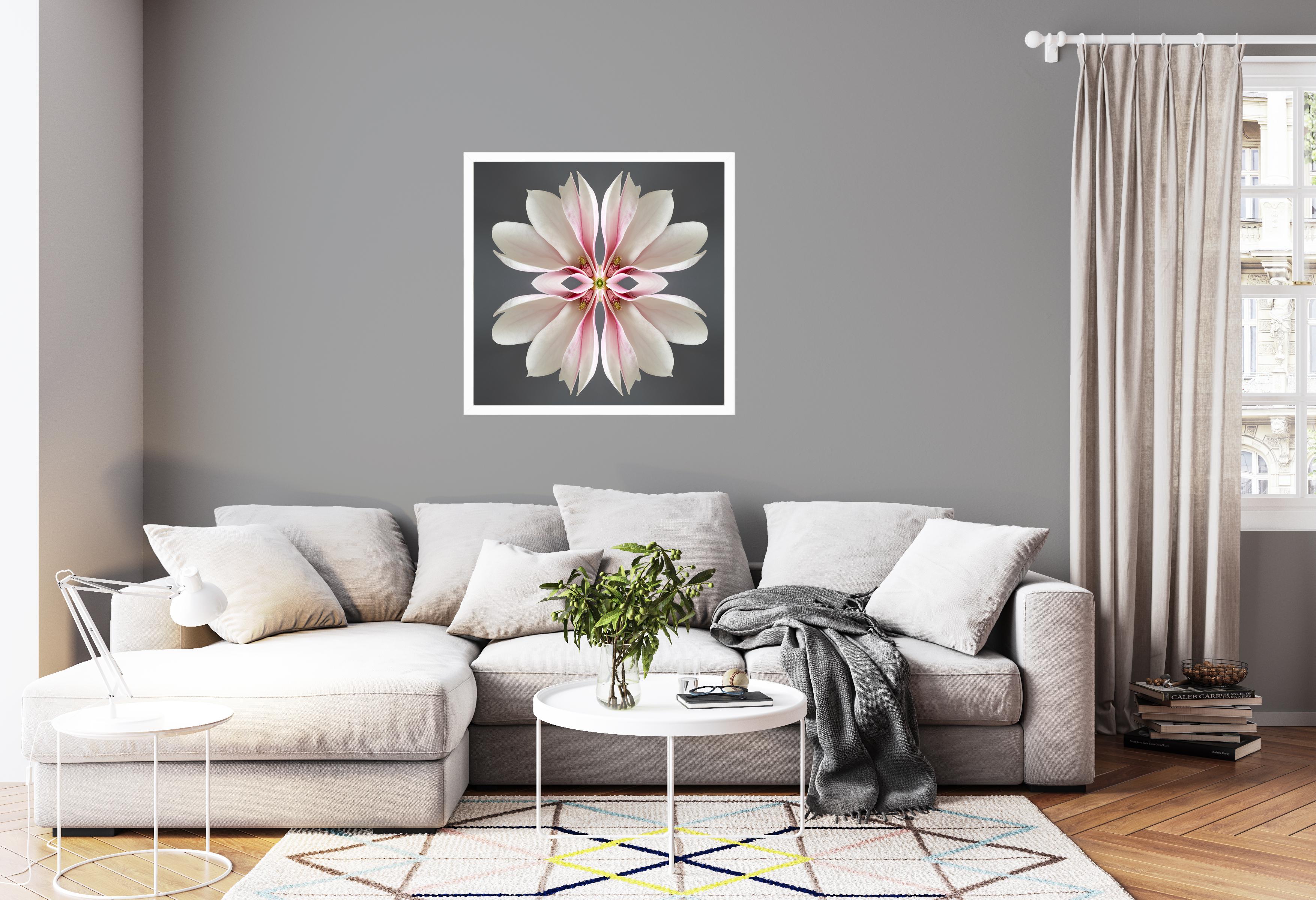 This print features the playful relationship between natural forms and botanicals. In this image Erin uses the natural composition of the pink and white Magnolia, and her own collage work, to create a hypnotic mandala with the floral. Some describe