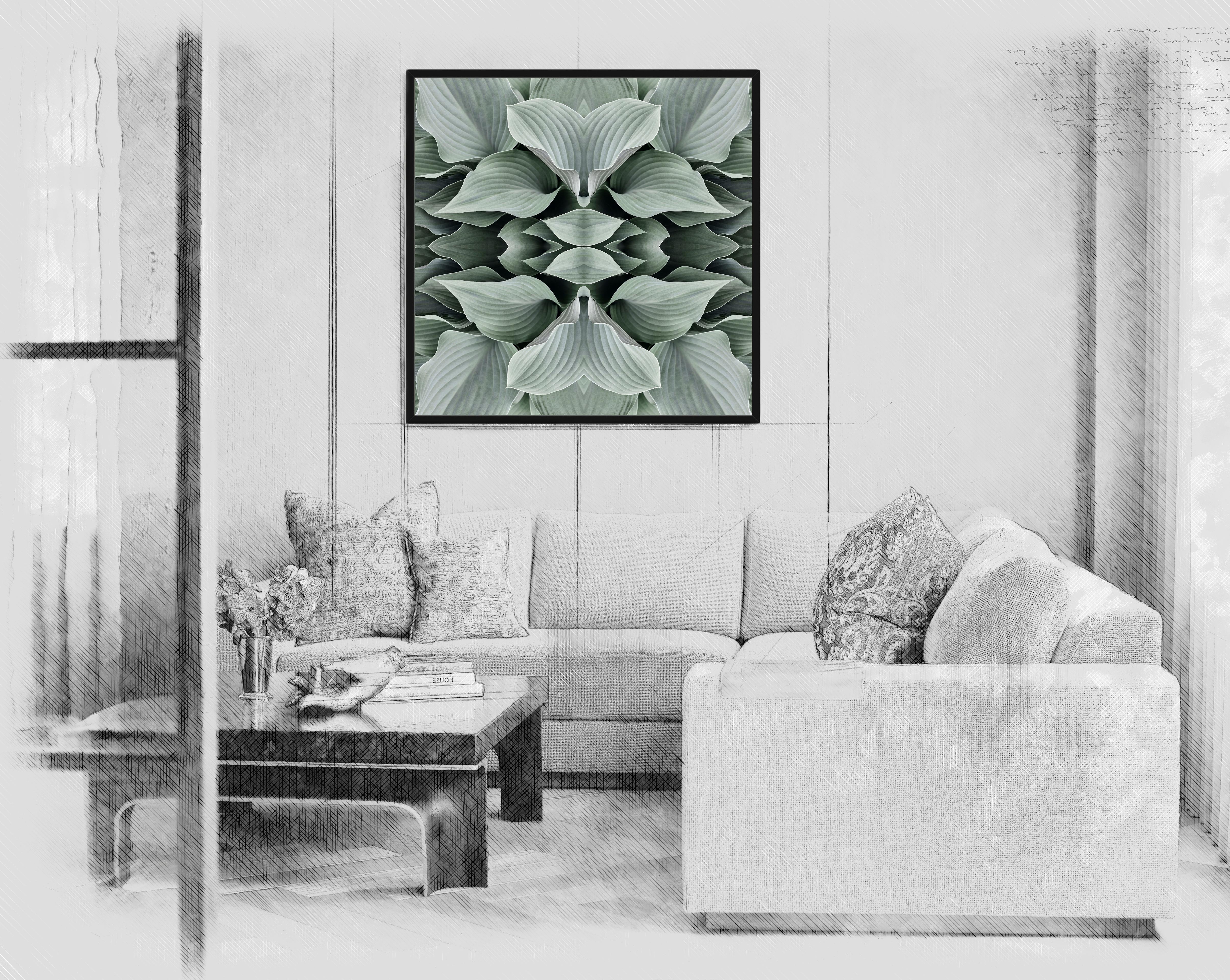 This print features the playful relationship between natural forms and botanicals. In this image Erin uses the natural composition of the muted green Hosta leaves, and her own collage work, to create a hypnotic mandala with the floral. Some describe