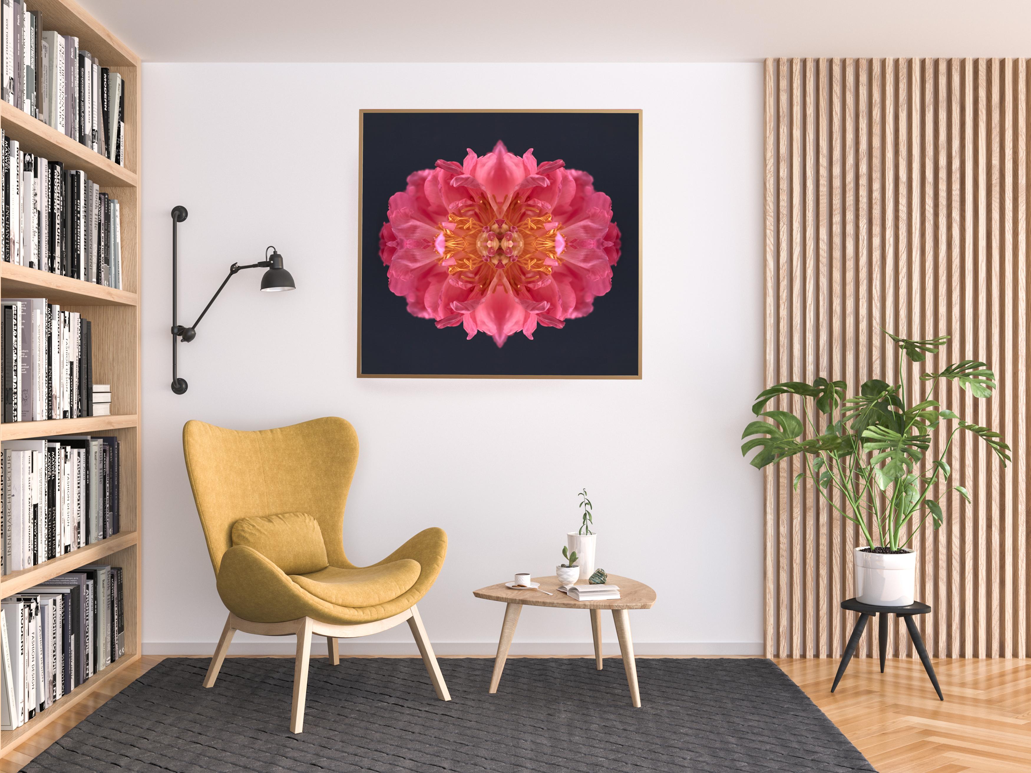 Dieser Druck zeigt die spielerische Beziehung zwischen natürlichen Formen und Pflanzen. In diesem Bild nutzt Erin die natürliche Komposition der rosa Pfingstrose und ihre eigene Collagearbeit, um mit der Blume ein hypnotisches Mandala zu schaffen.