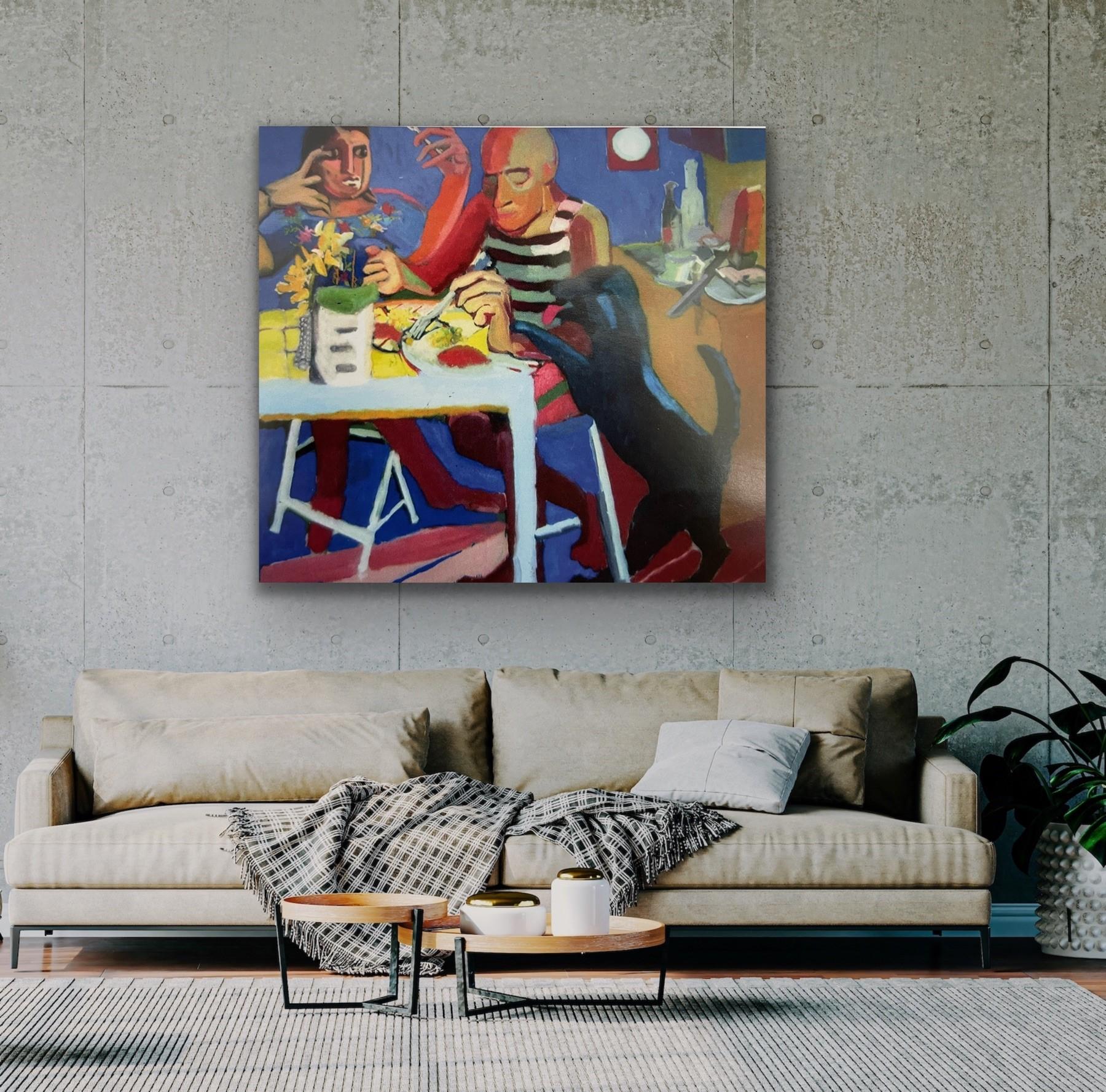 Abstract Painting Erin Haldrup - Magaiver, 60 x 66, œuvre figurative surréaliste excentrique rendant hommage à Picasso 