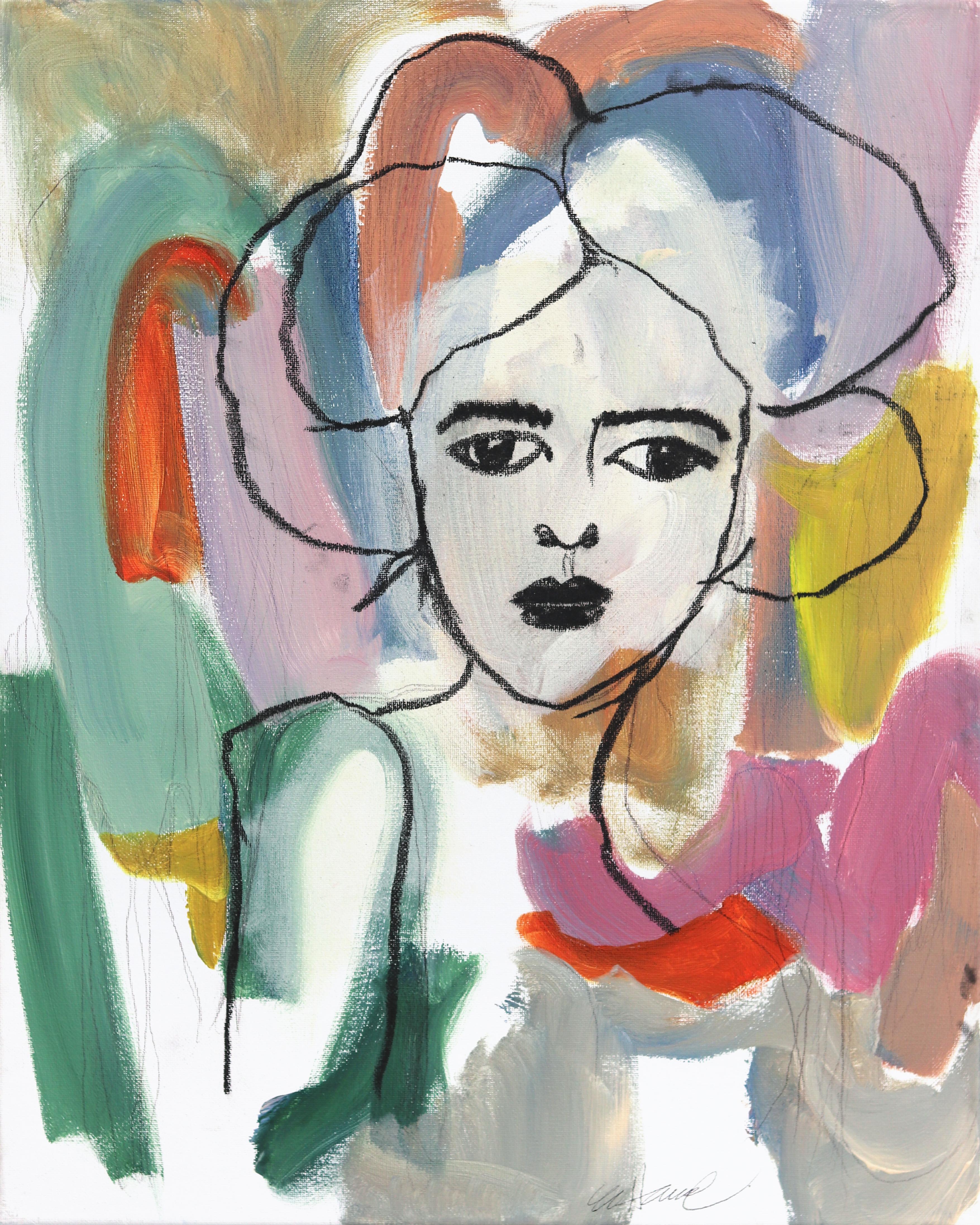 Ana - Ritratto femminile astratto figurativo colorato e lunatico dipinto su tela
