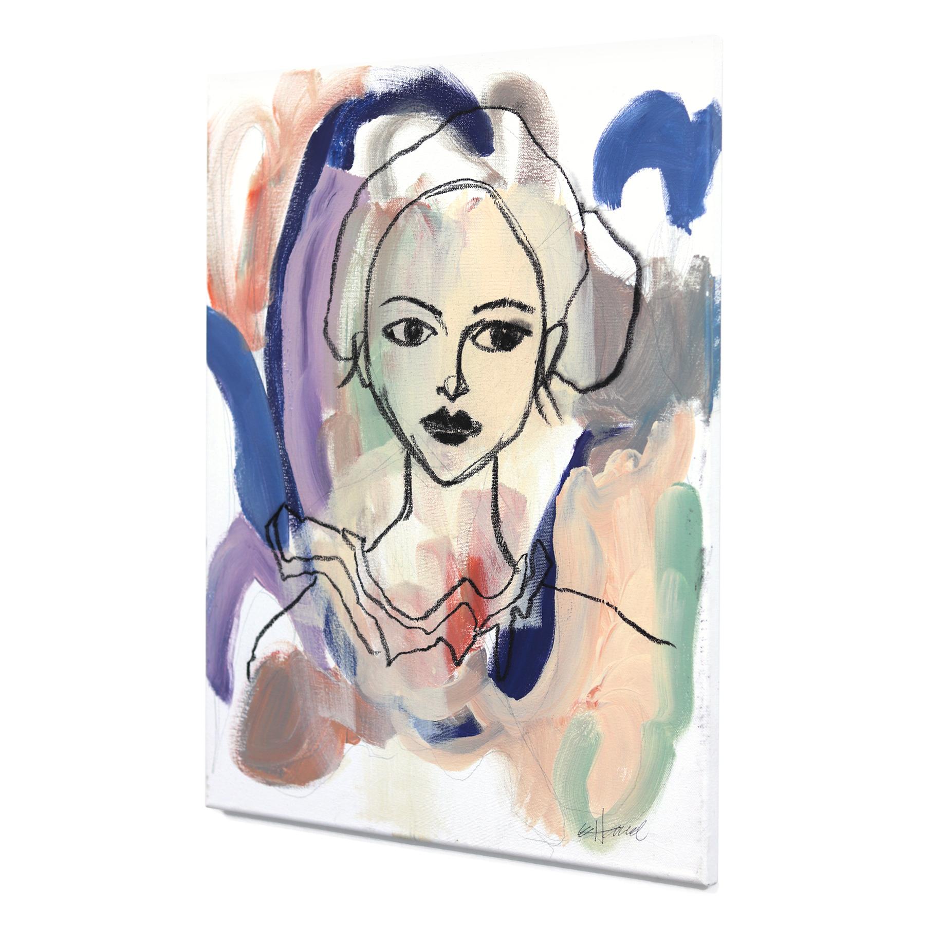 Emmaline - Muted Color Figurative Abstract Feminine Portrait Painting on Canvas For Sale 1