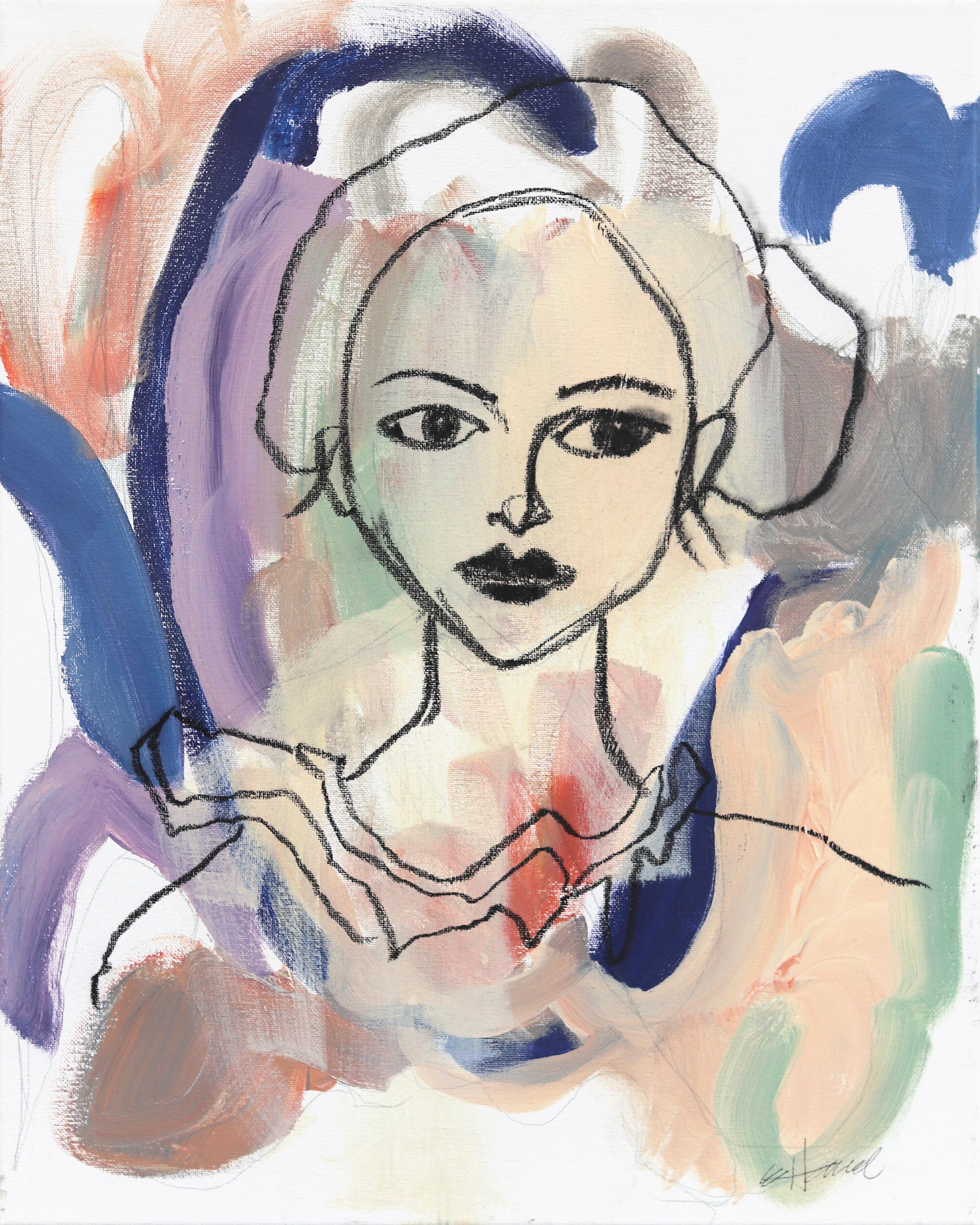 Emmaline - Ritratto femminile astratto figurativo a colori tenui dipinto su tela