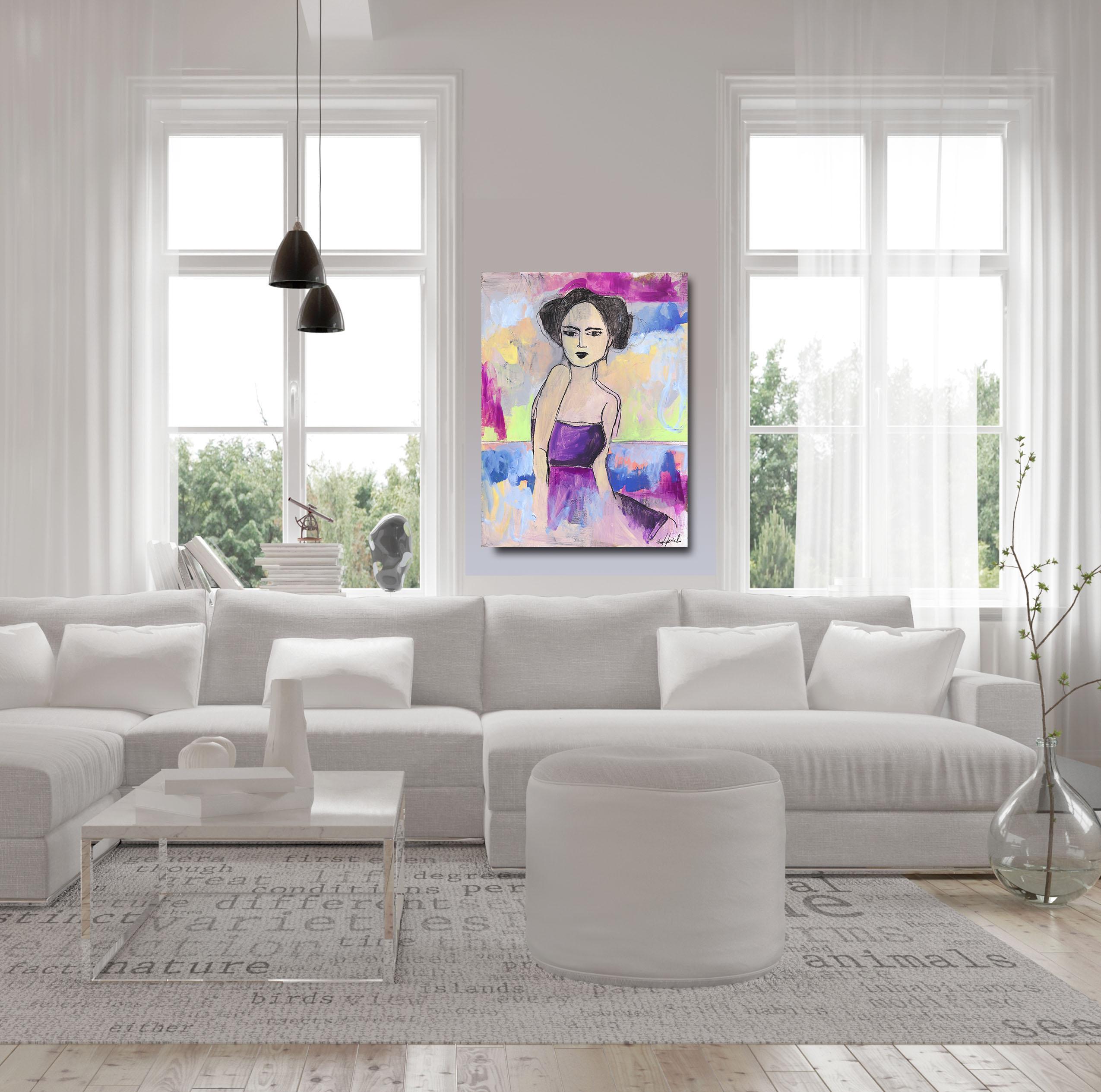 Mara - Colorful Cool Tone Figurative Abstract Feminine Portrait Painting on Wood For Sale 1