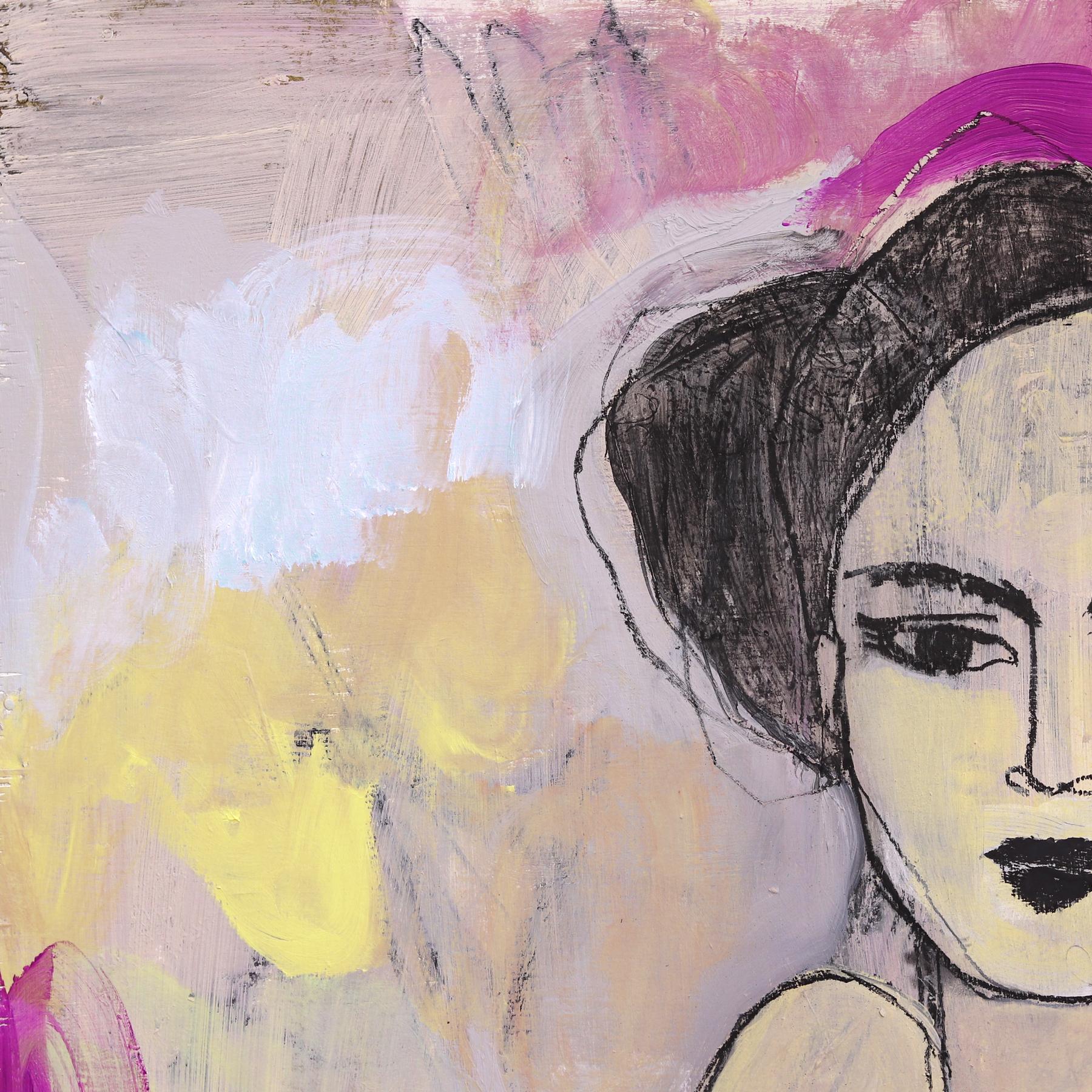 Mara - Colorful Cool Tone Figurative Abstract Feminine Portrait Painting on Wood For Sale 2