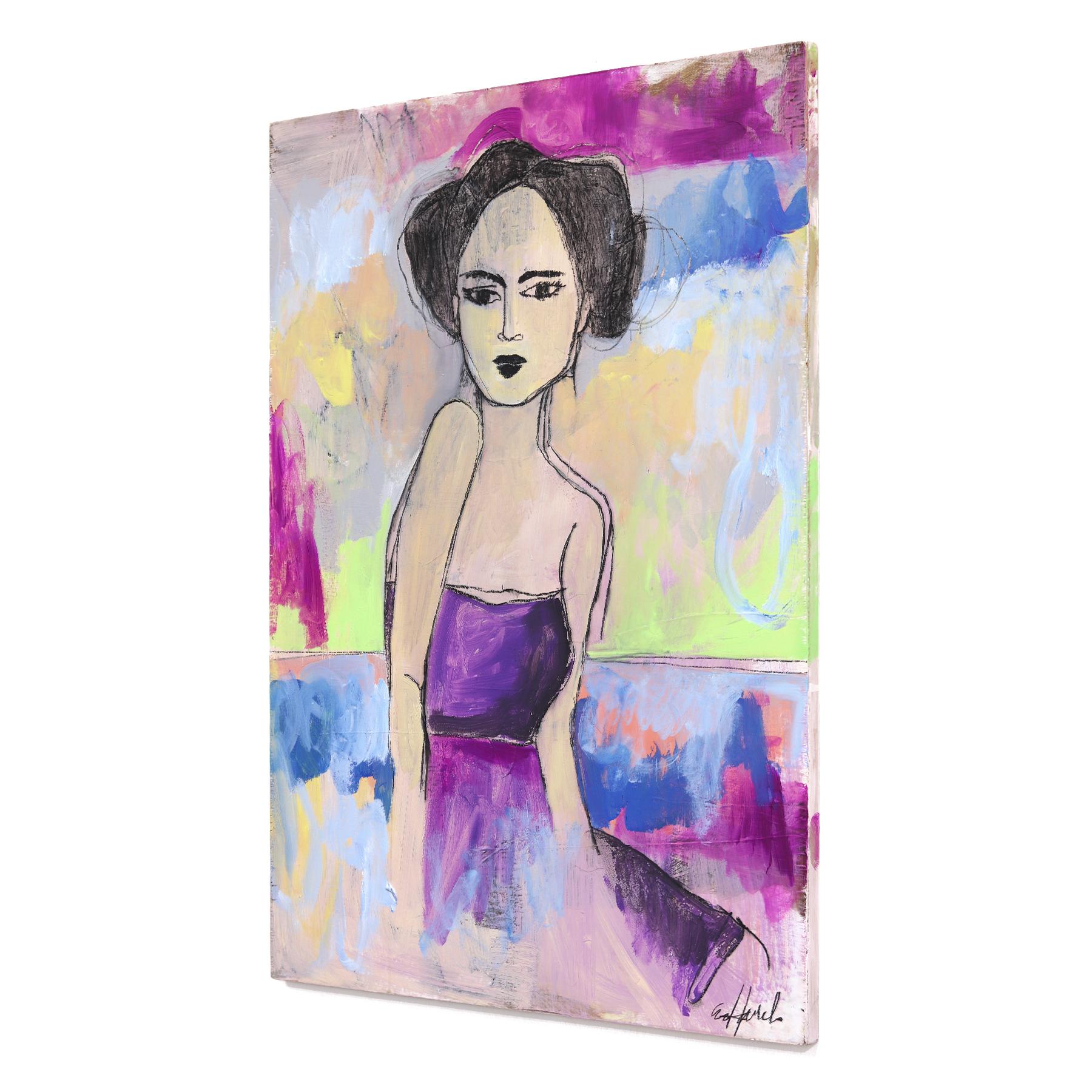 Mara - Colorful Cool Tone Figurative Abstract Feminine Portrait Painting on Wood For Sale 3