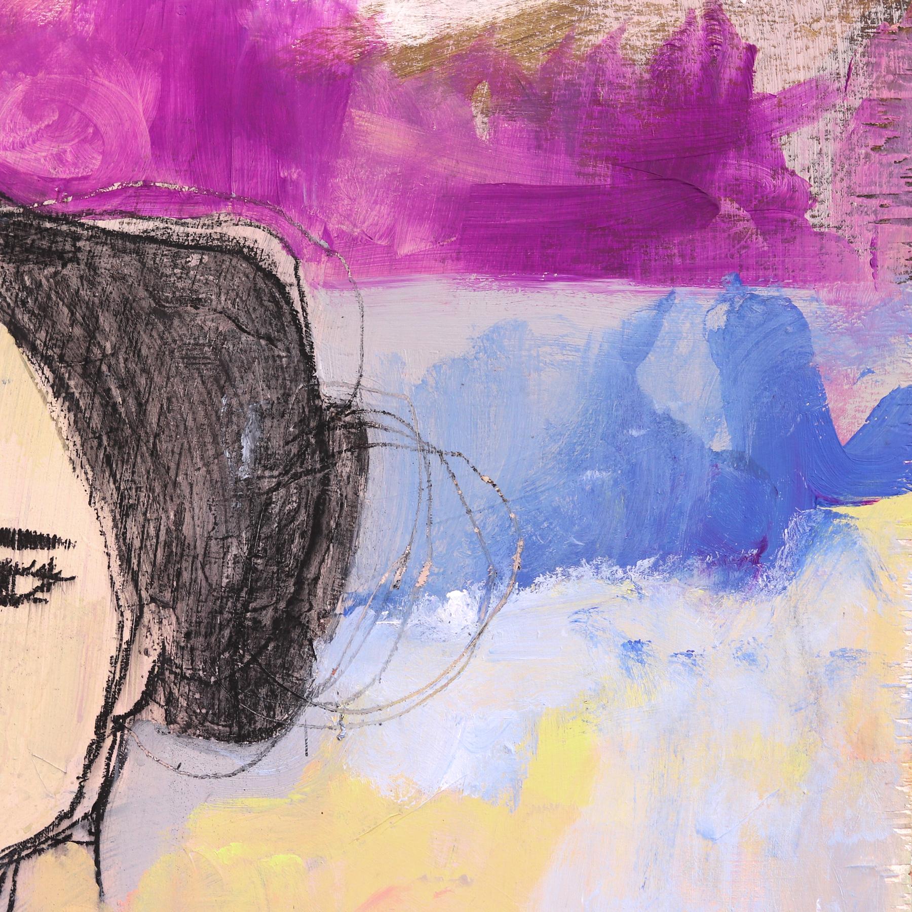 Mara - Colorful Cool Tone Figurative Abstract Feminine Portrait Painting on Wood For Sale 4