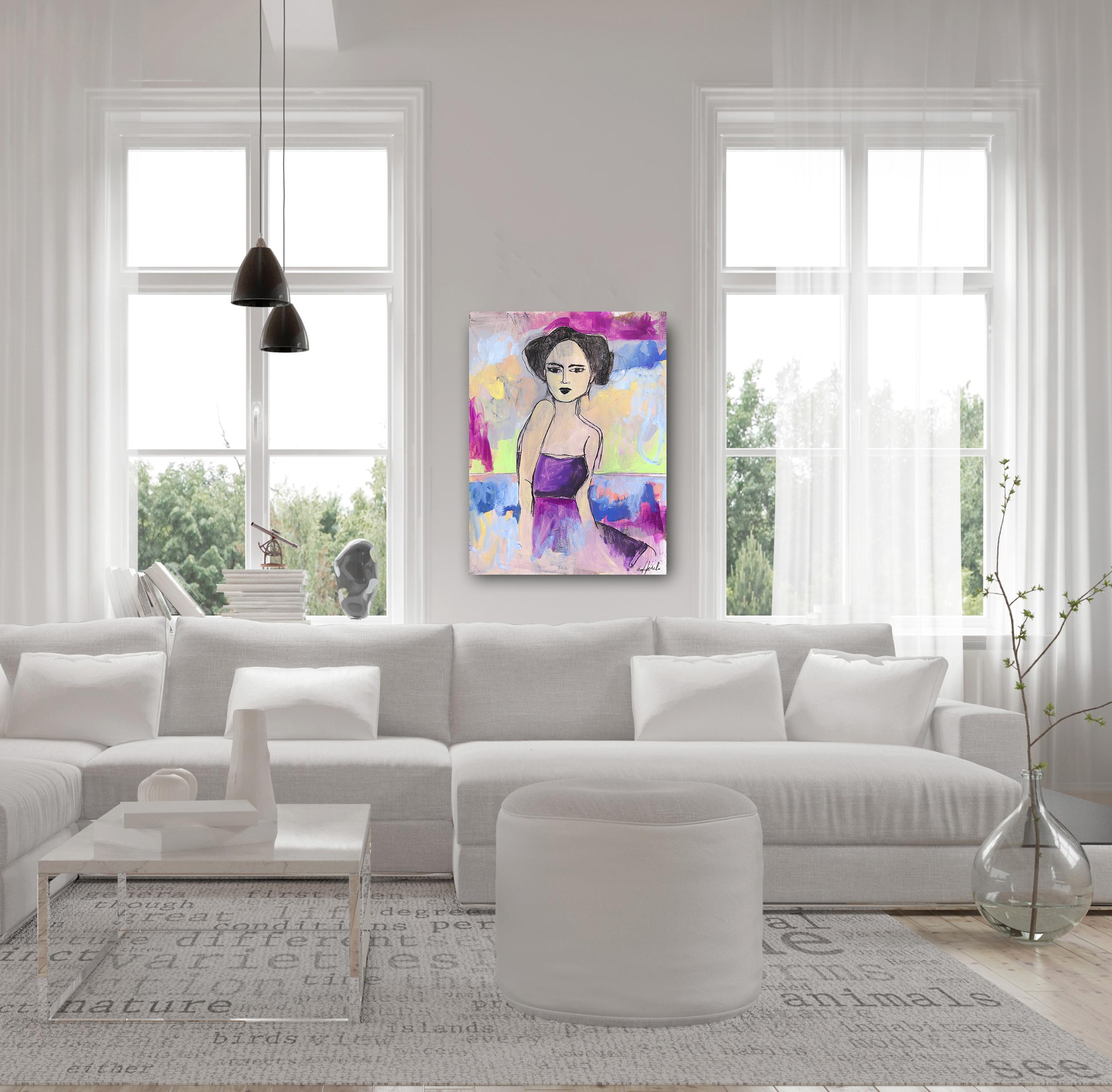 Mara - Colorful Cool Tone Figurative Abstract Feminine Portrait Painting on Wood For Sale 5