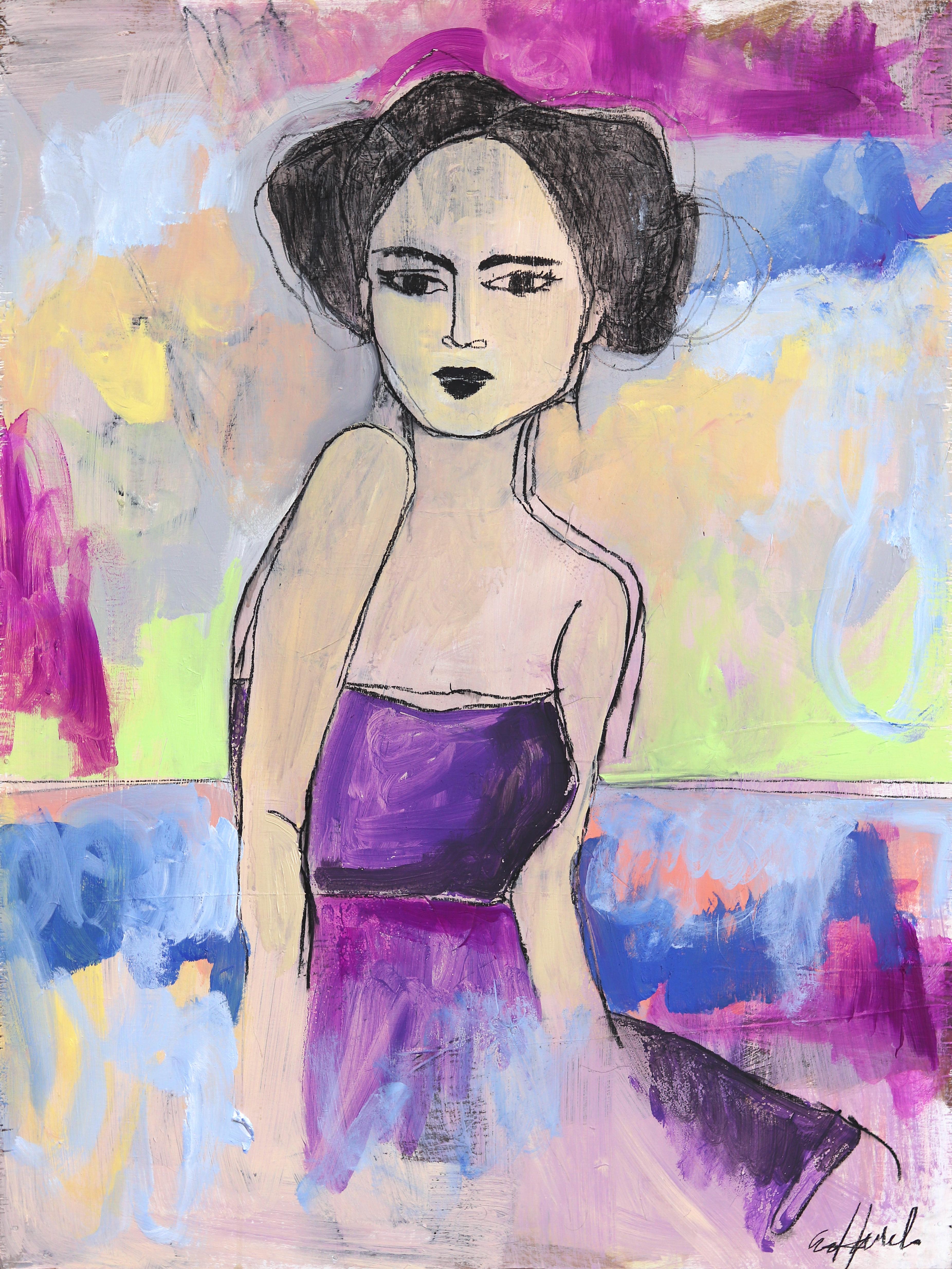 Mara - Peinture de portrait figurative abstraite féminine colorée aux tons froids