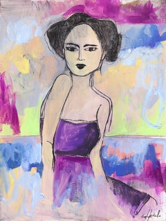 Mara - Peinture de portrait figurative abstraite féminine colorée aux tons froids
