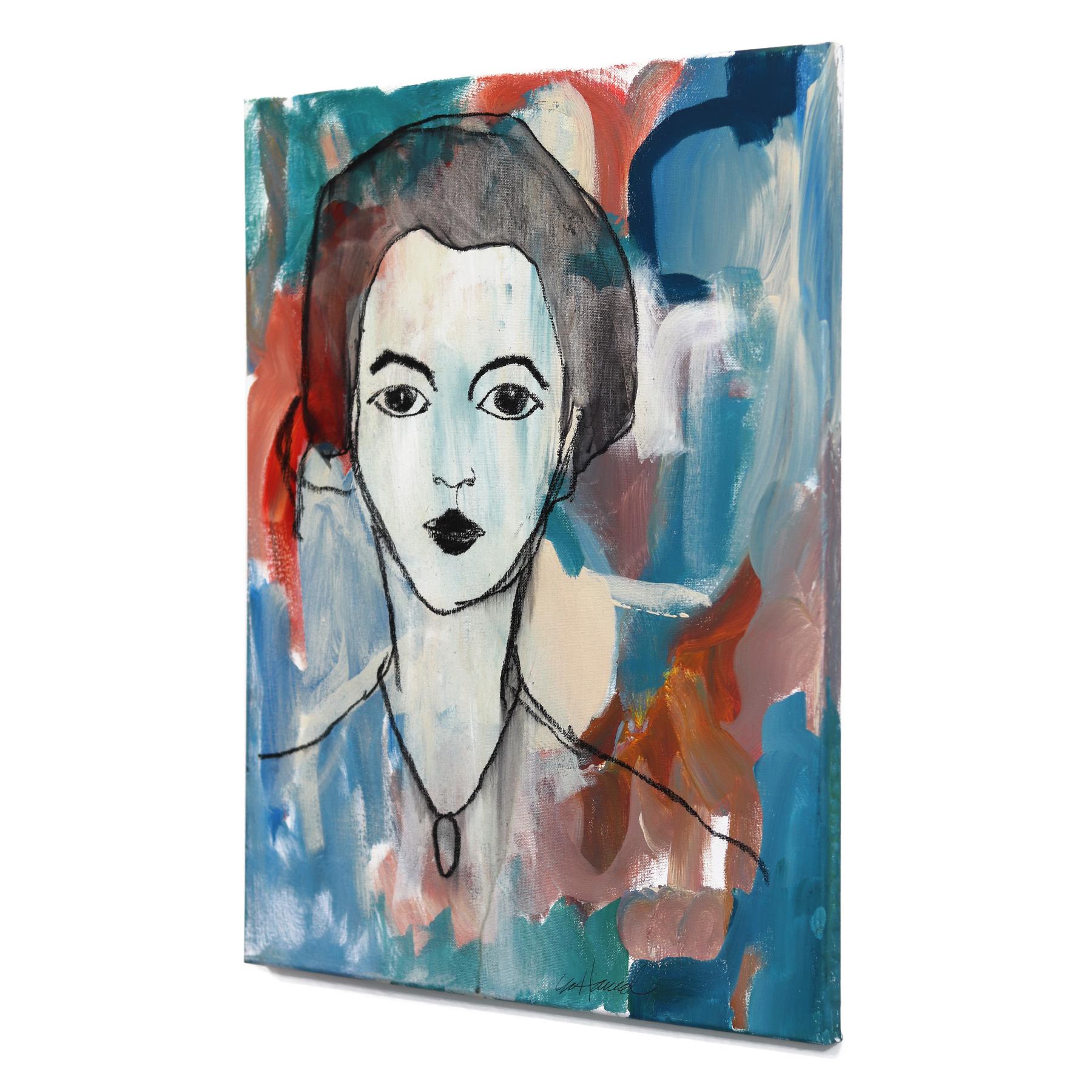 River - Moody Cool Tone Figurative Abstract Feminine Portrait Painting on Canvas For Sale 1