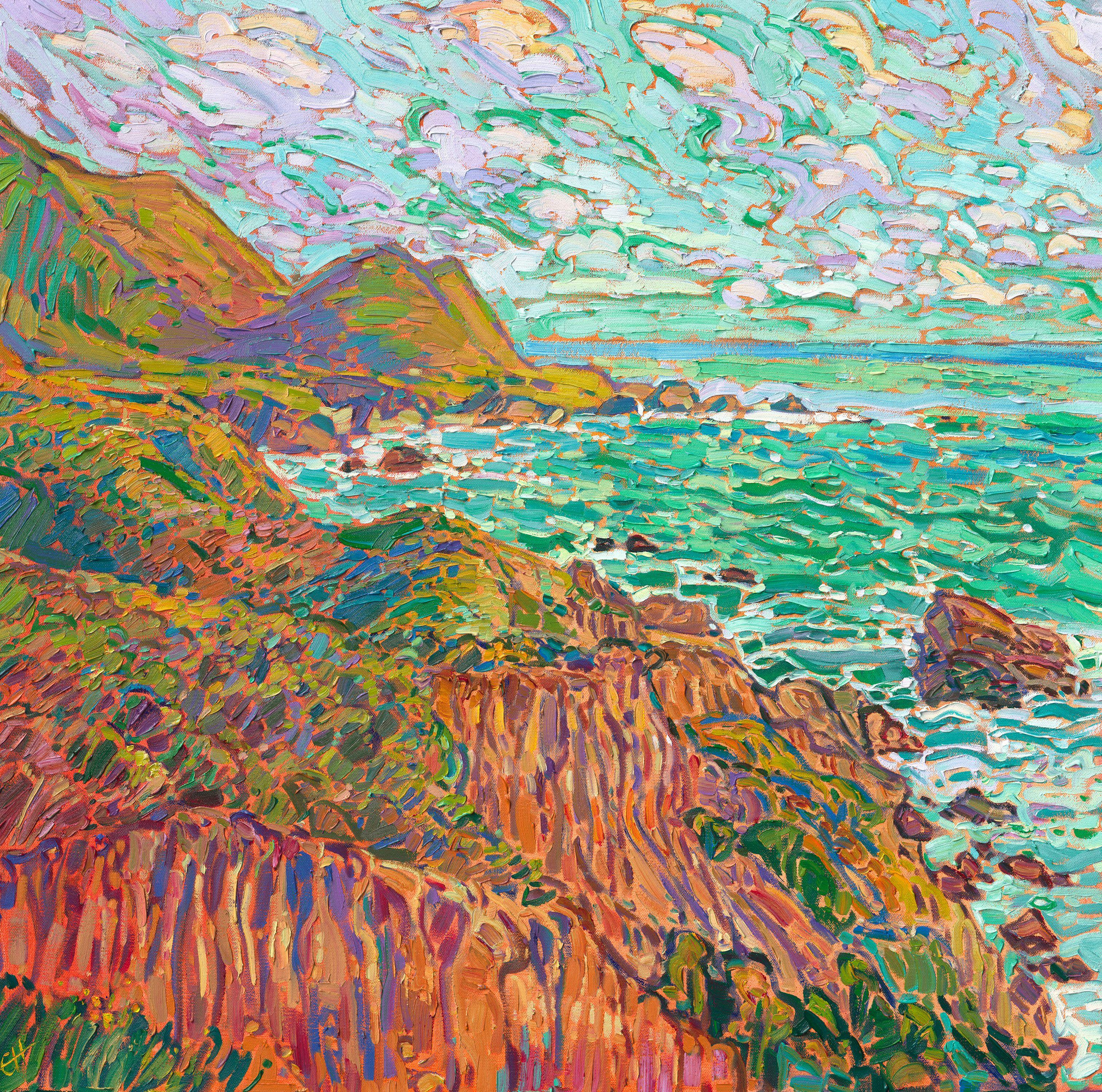 Un cielo estivo sfuma dal blu a brillanti sfumature di verde e turchese, mentre il sole tramonta all'orizzonte. Questo dipinto della costa della California cattura le scogliere di arenaria erose che si trovano lungo la costa da Big Sur a Torrey