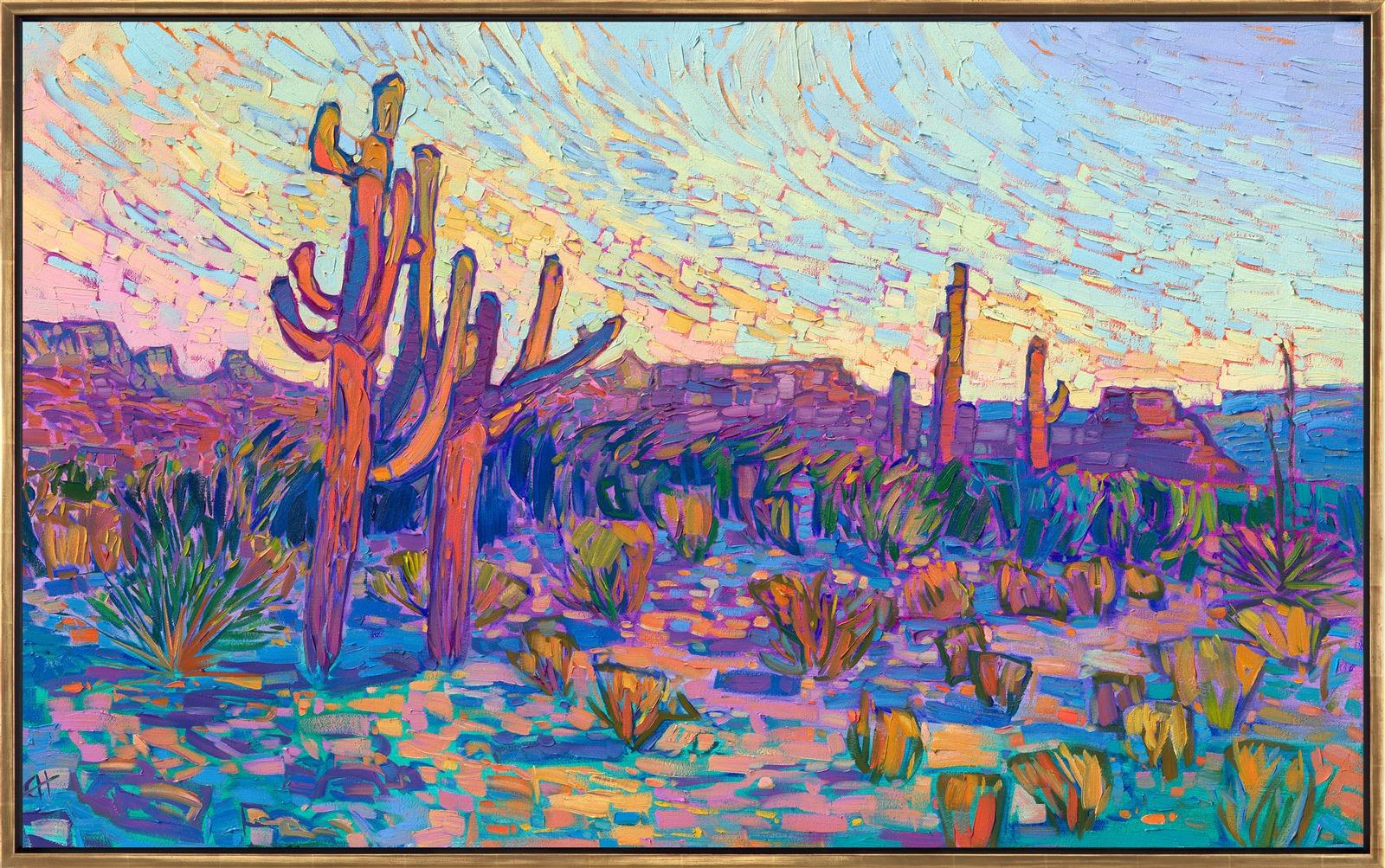 This painting of Arizona saguaros celebrates the vibrant colors of the southwest. The thick, impressionistic brush strokes create a mosaic of color and texture across the canvas, pulling your eye through the painting so that you become immersed in