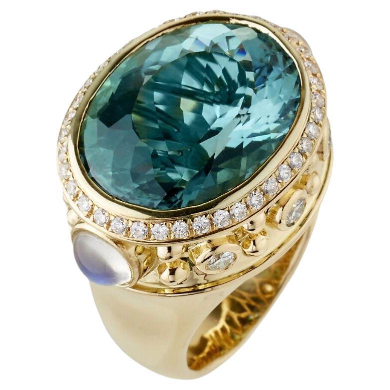 Erin Mac 18Kt Gold Teal Quartz Moonstone Diamond Cocktail Ring For Sale