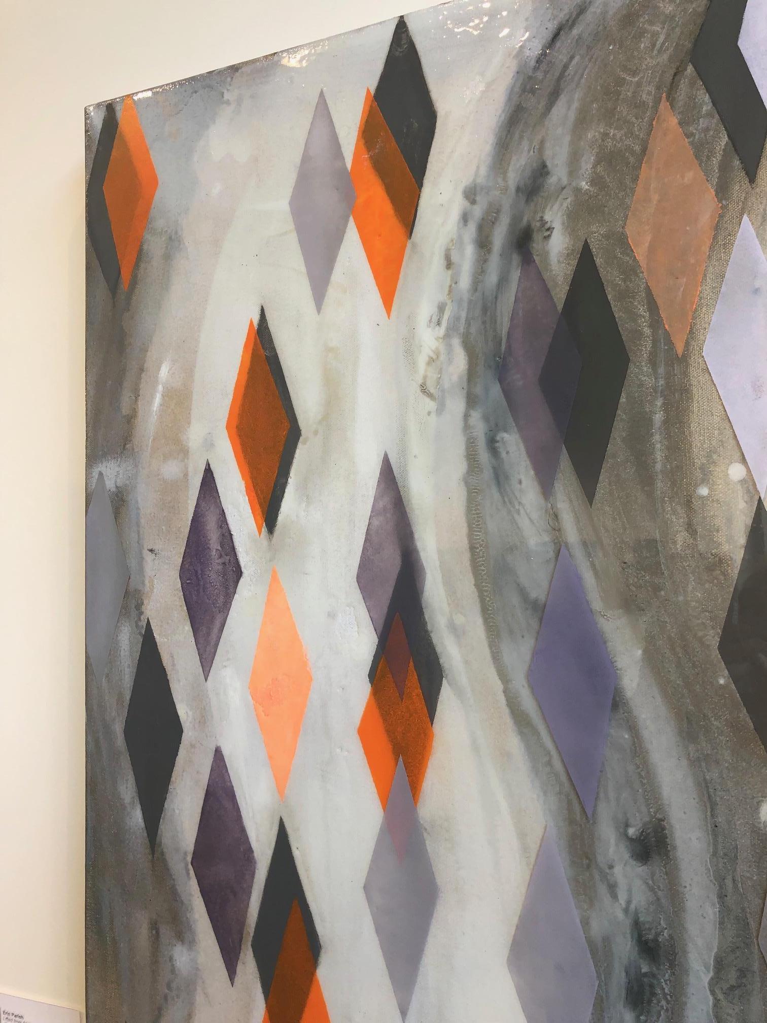 Lifted From Oblivion/ olio e resina su tela - grigio, diamanti geometrici arancioni - Painting di Erin Parish