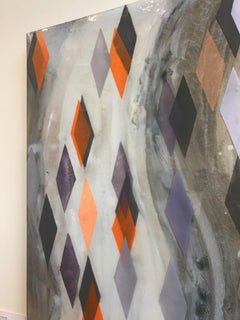 Lifted From Oblivion/ oil and resin on canvas - grey, orange geometric diamonds