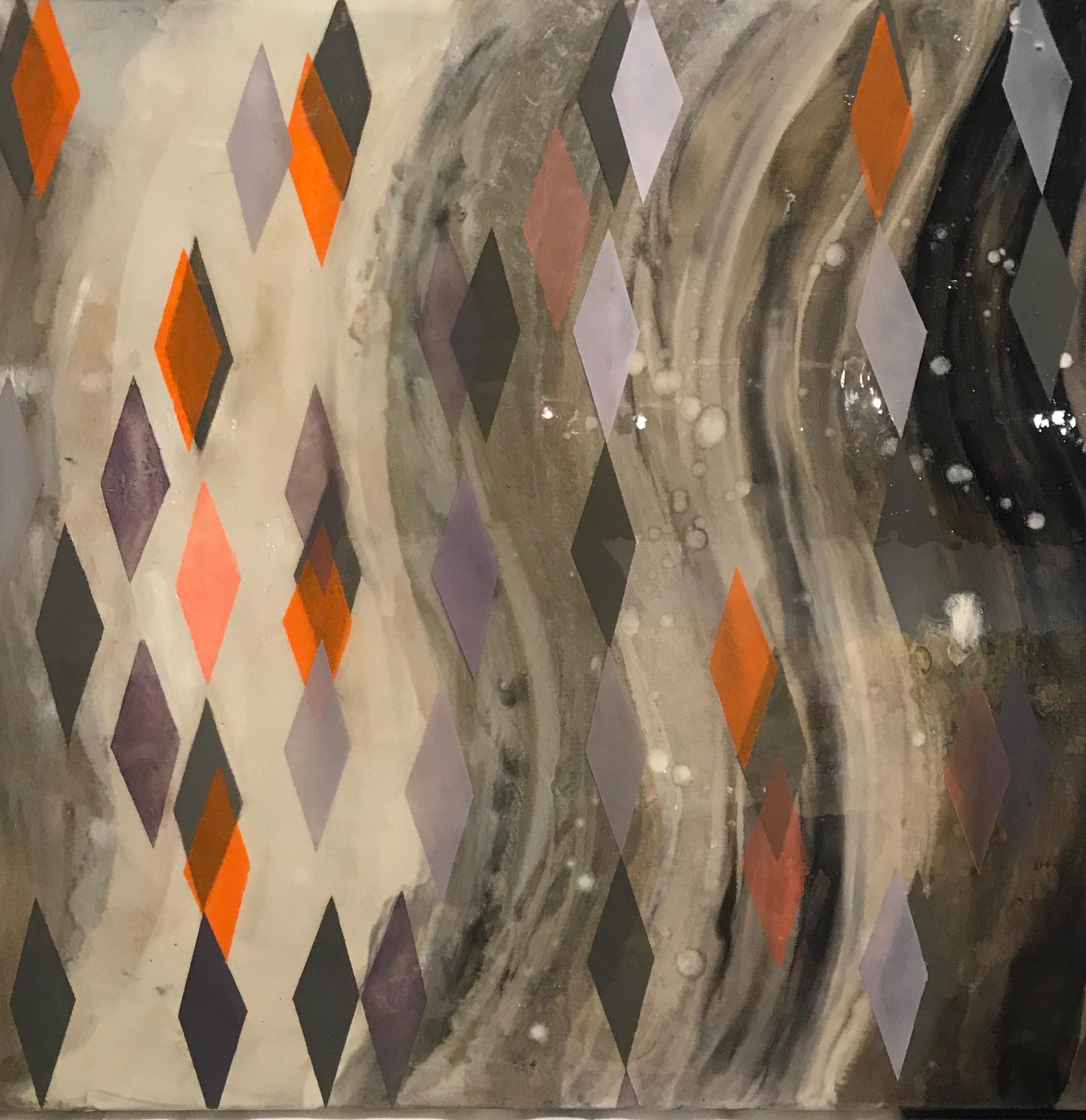 Lifted From Oblivion/ oil and resin on canvas - grey, orange geometric diamonds
