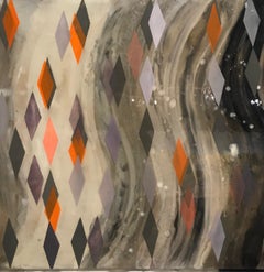 Lifted From Oblivion/ oil and resin on canvas - grey, orange geometric diamonds