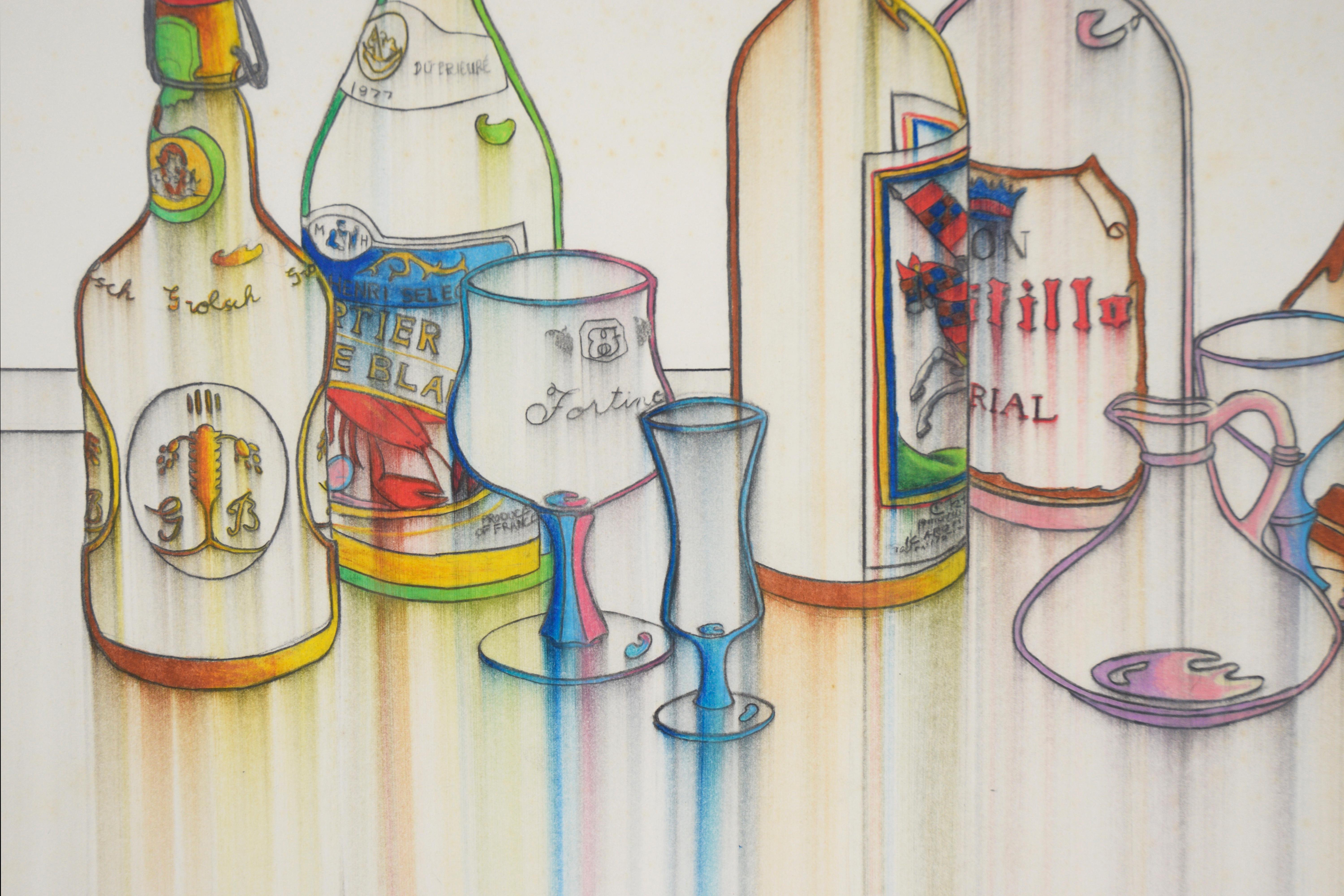 Ölpastell- und Bleistift-Stillleben von Wein- und Spirituosenflaschen  – Painting von Erin Pearce
