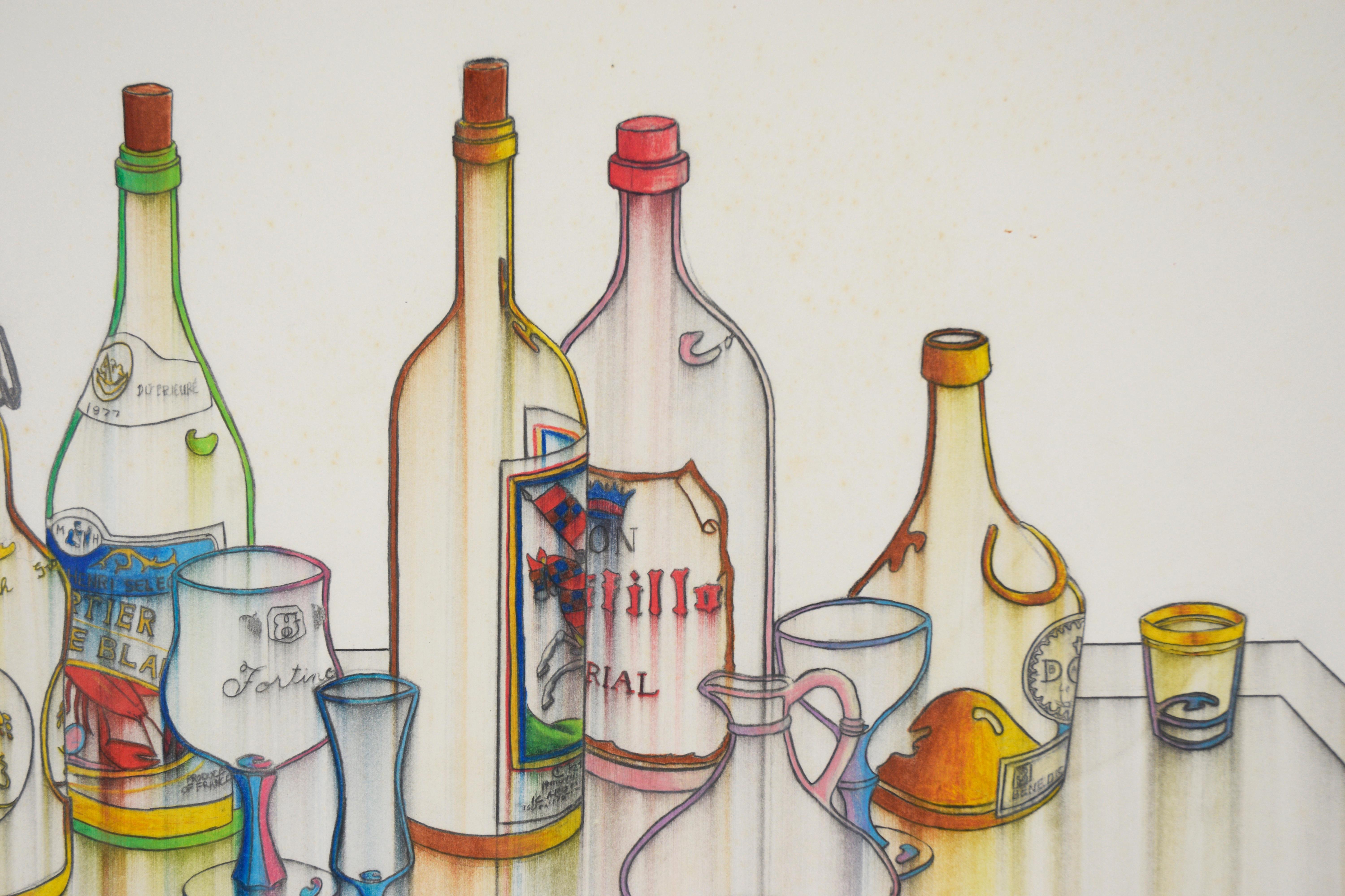 Oil Pastel and Pencil Still Life of Wine and Spirits Bottles  - American Impressionist Painting by Erin Pearce