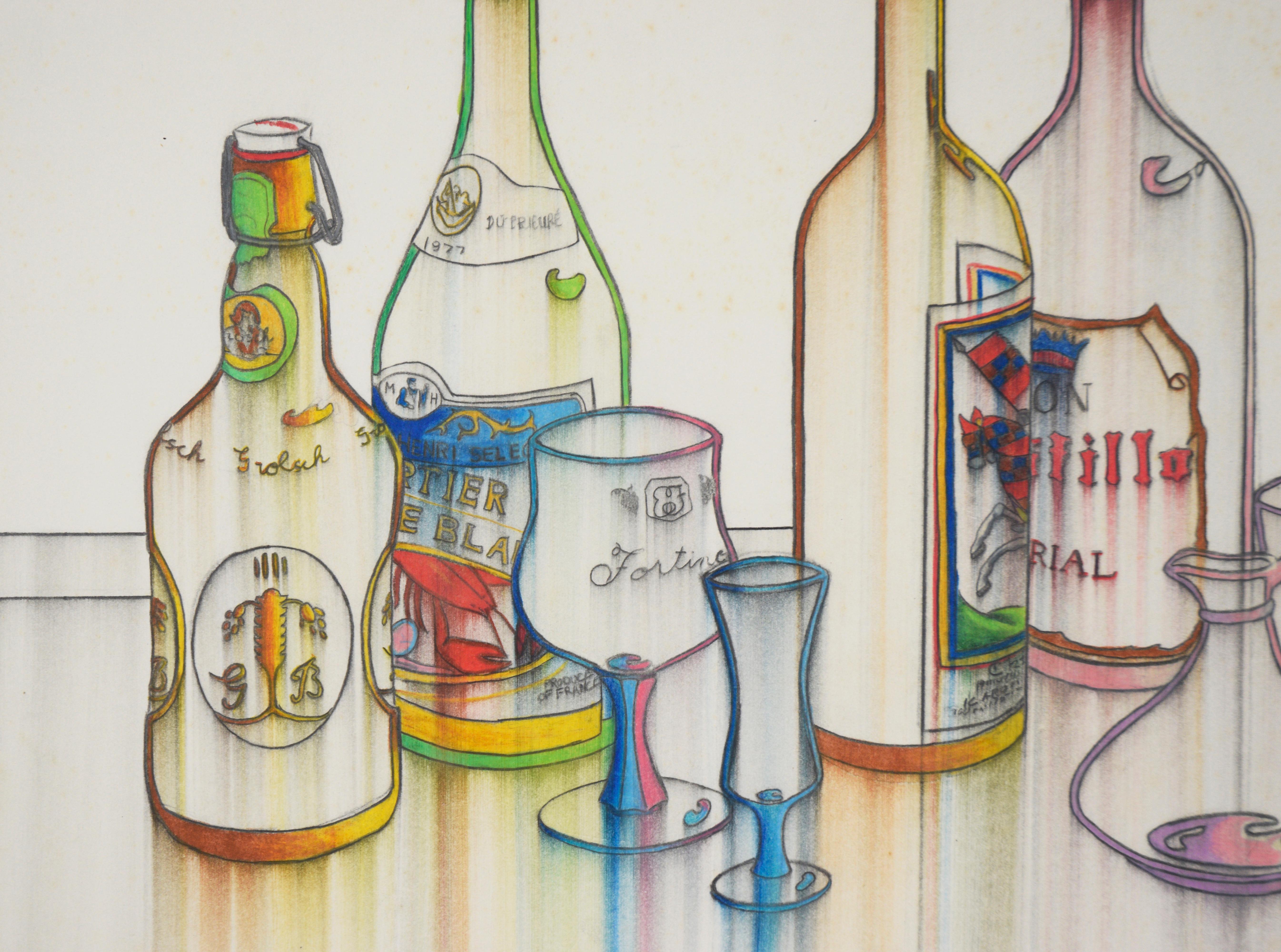 Ölpastell und Bleistift Likör-Stillleben 

Stillleben mit Ölpastell und Bleistift, das eine Reihe von holländischen Schnapsflaschen und Trinkgläsern von Erin Pearce (Amerikanerin, 20. Jh.) darstellt. Schnapsflaschen sind mit Bleistift umrissen,