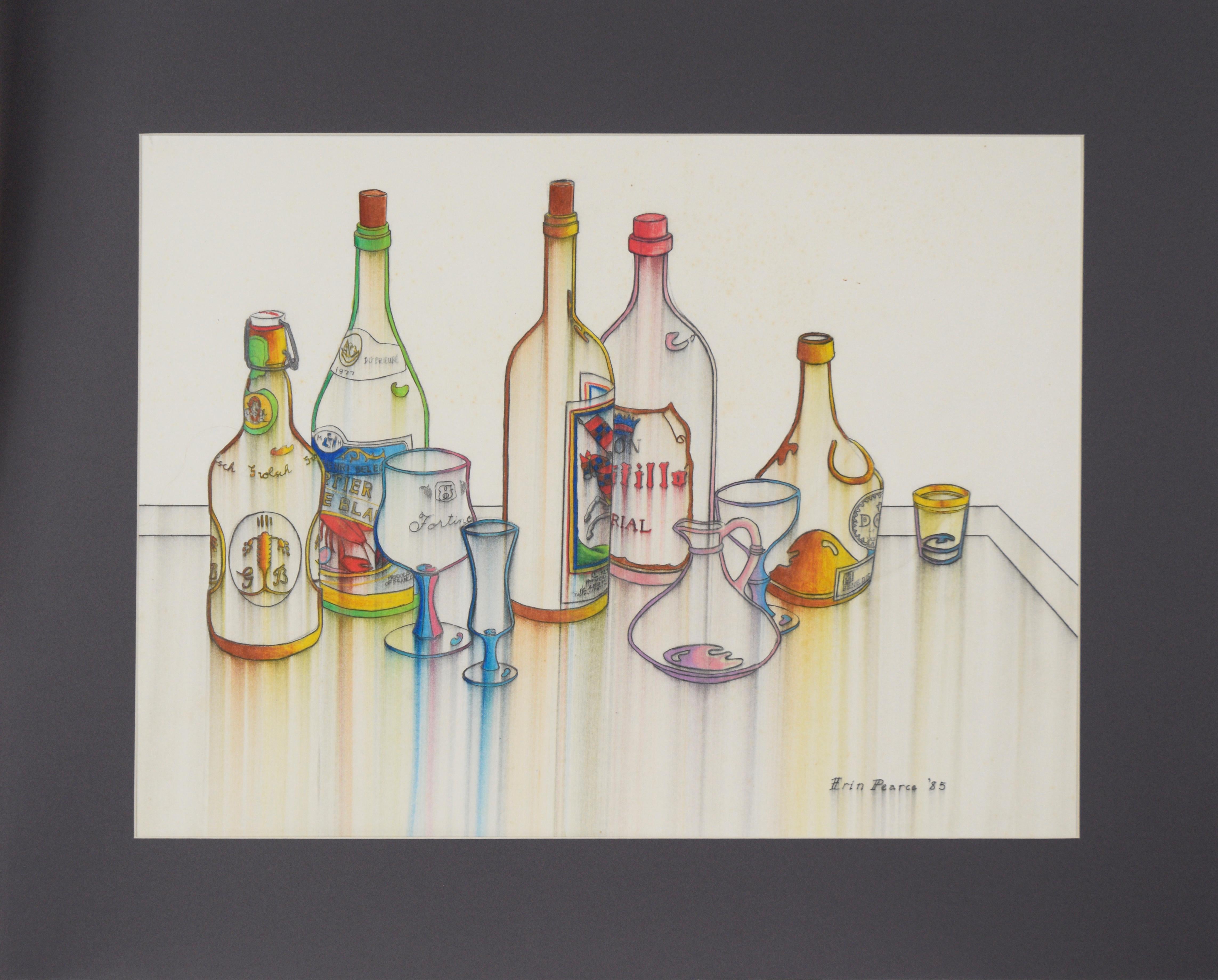 Erin Pearce Interior Painting – Ölpastell- und Bleistift-Stillleben von Wein- und Spirituosenflaschen 