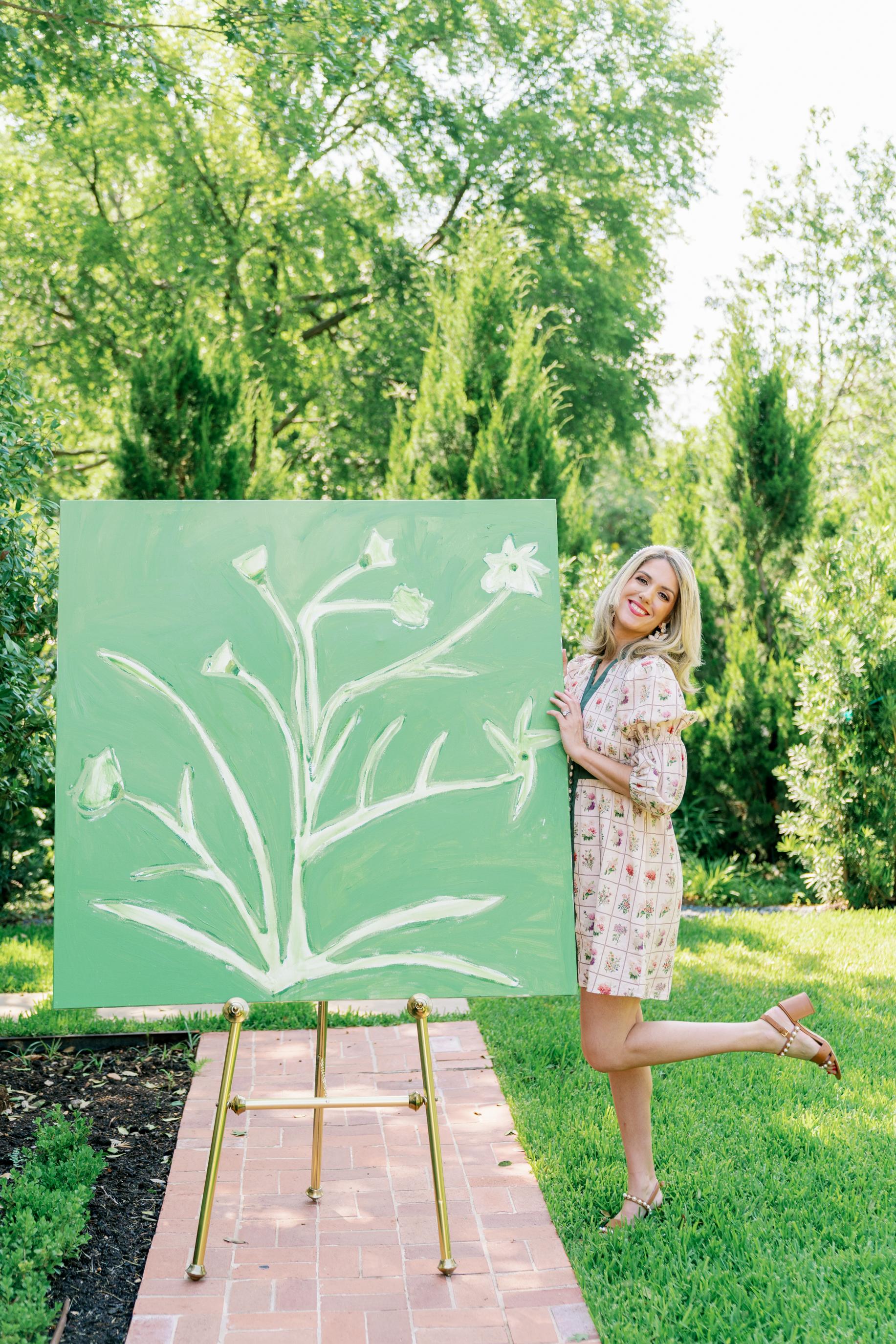 La Botanique Vert by Erin Tice, Large Canvas Square Green Botanical Painting For Sale 1