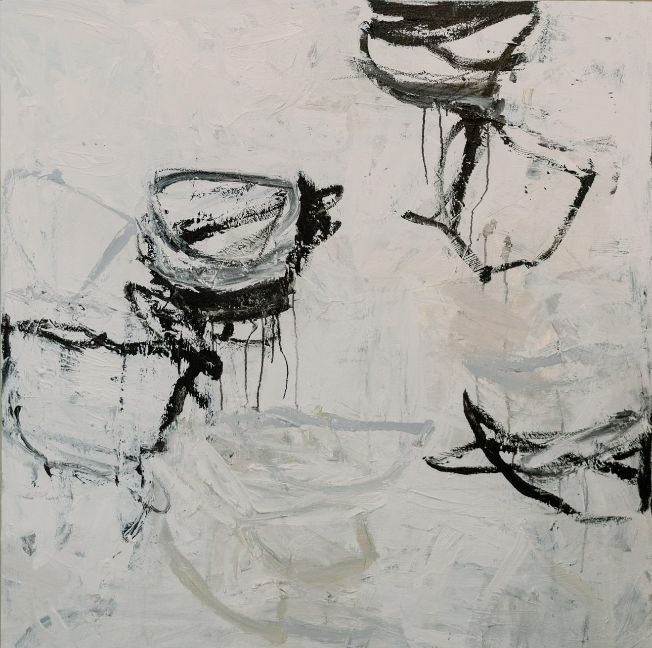 Ungerahmt misst dieses Werk 48 x 48.

Wir stellen vor: "Learning the Keys", ein beeindruckendes schwarz-weißes, quadratisches, abstraktes, zeitgenössisches Gemälde der geschätzten amerikanischen Künstlerin Erin Tice. Dieses weiche und nuancierte