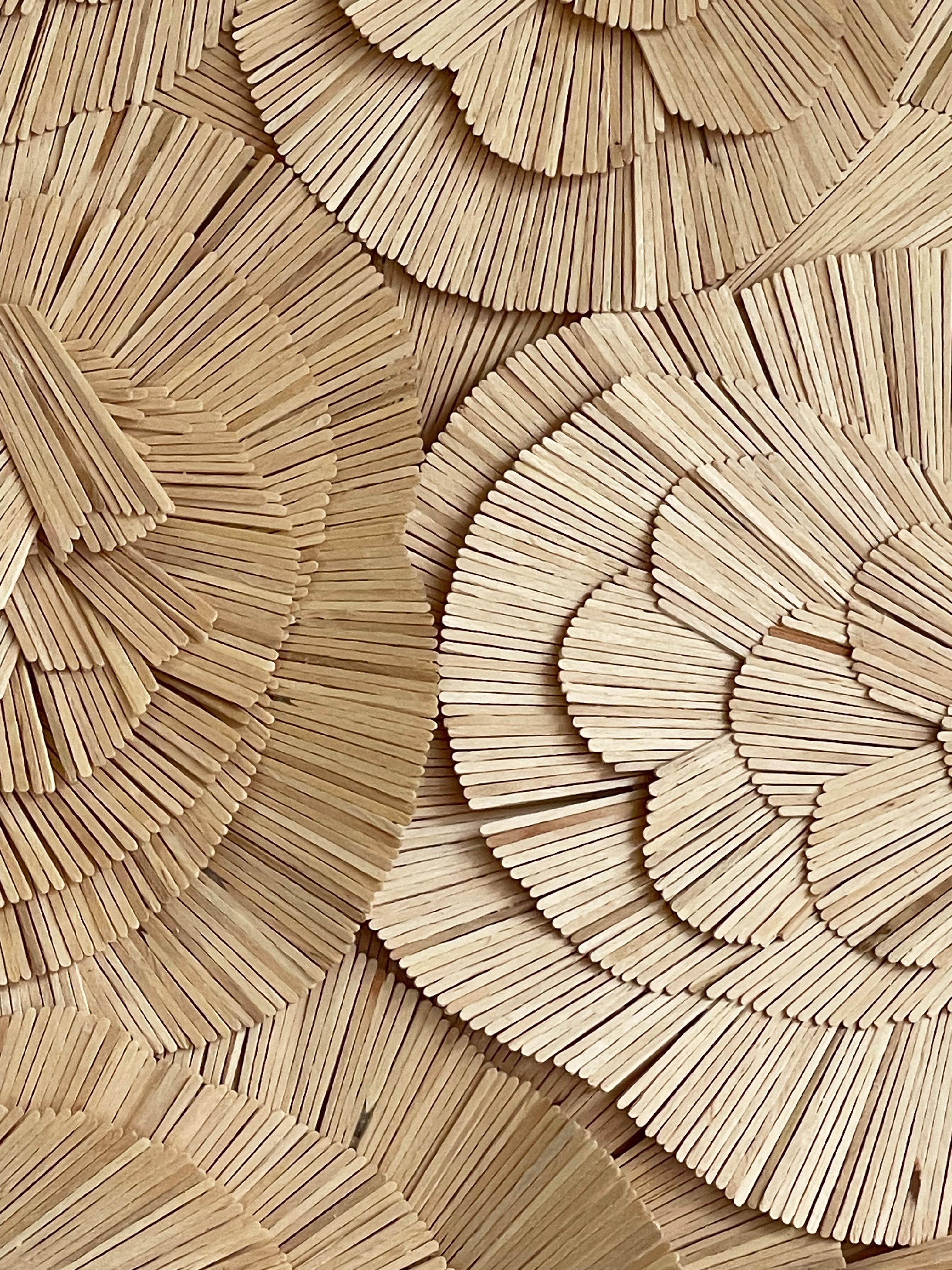 Toothpicks III - Sculpture murale abstraite contemporaine en 3D couleur bois - Marron Abstract Sculpture par Erin Vincent