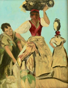 Market Day Figurative Painting, Acrylic on Artist Board, Framed, 1950s