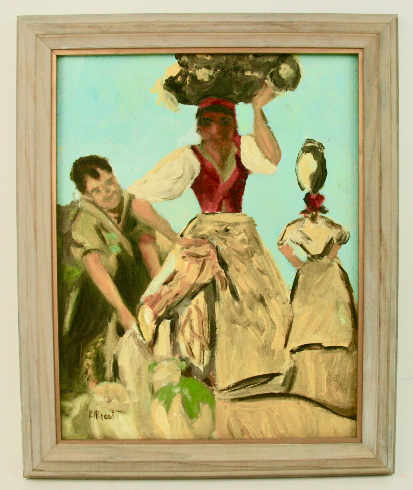 Market Day Figurative Painting, Acrylic on Artist Board, Framed, 1950s