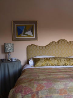 Eriu Headboard with 19th Century Hand-Dyed Damask with Silk Braid