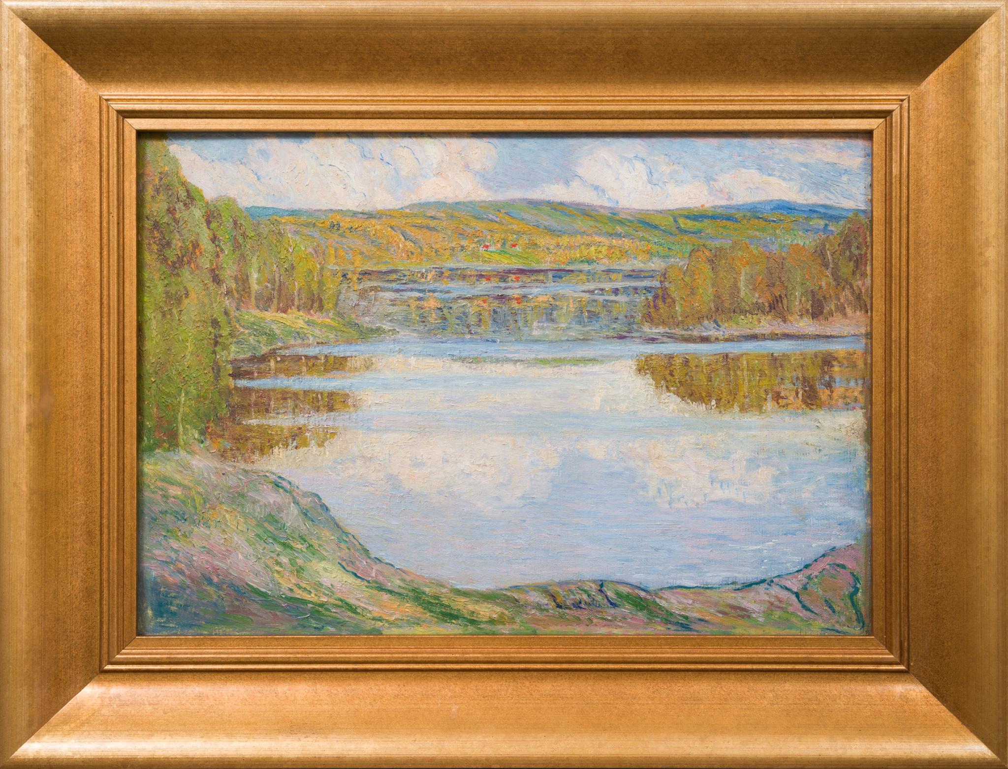 Lakeside Reflections, Impressionist Oil on Board, Signed 1945, 49.5 cm