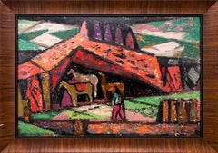 1950s Signed Southwestern Landscape Oil Painting, Figures, Horses, Pink Green