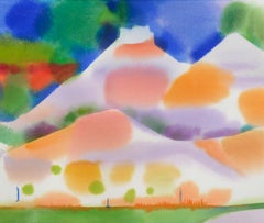 Aquarelle - Paysage abstrait de lac jaune et vert