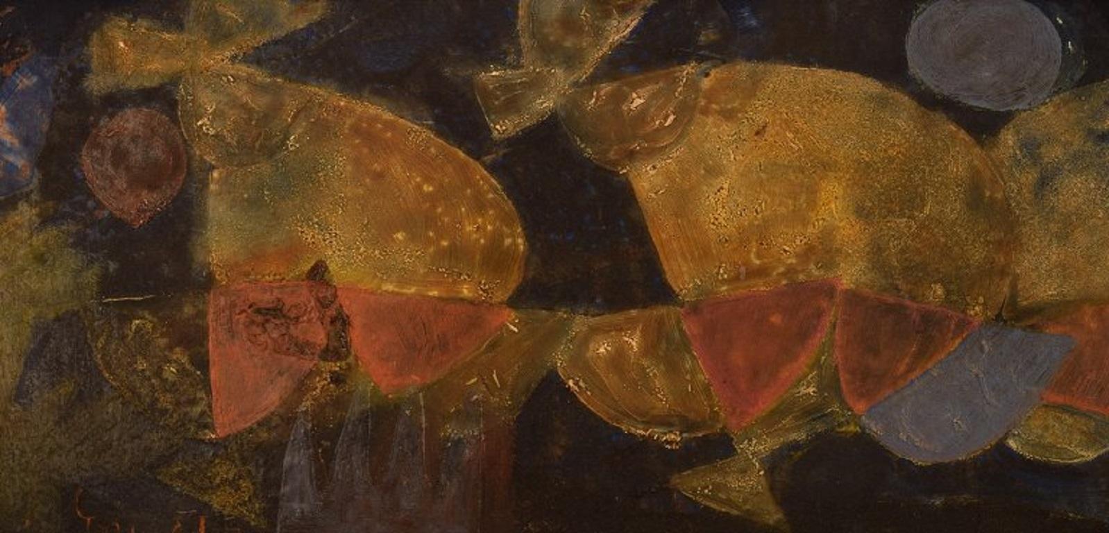 Erling Andersen, Dänemark, Öl auf Karton, „Mating Dance“, datiert 1965 im Zustand „Hervorragend“ im Angebot in Copenhagen, DK
