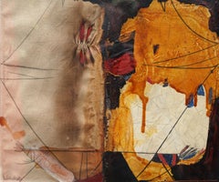 Abstract Composition with Ochre - Danish 1969 art mixed media and oil painting