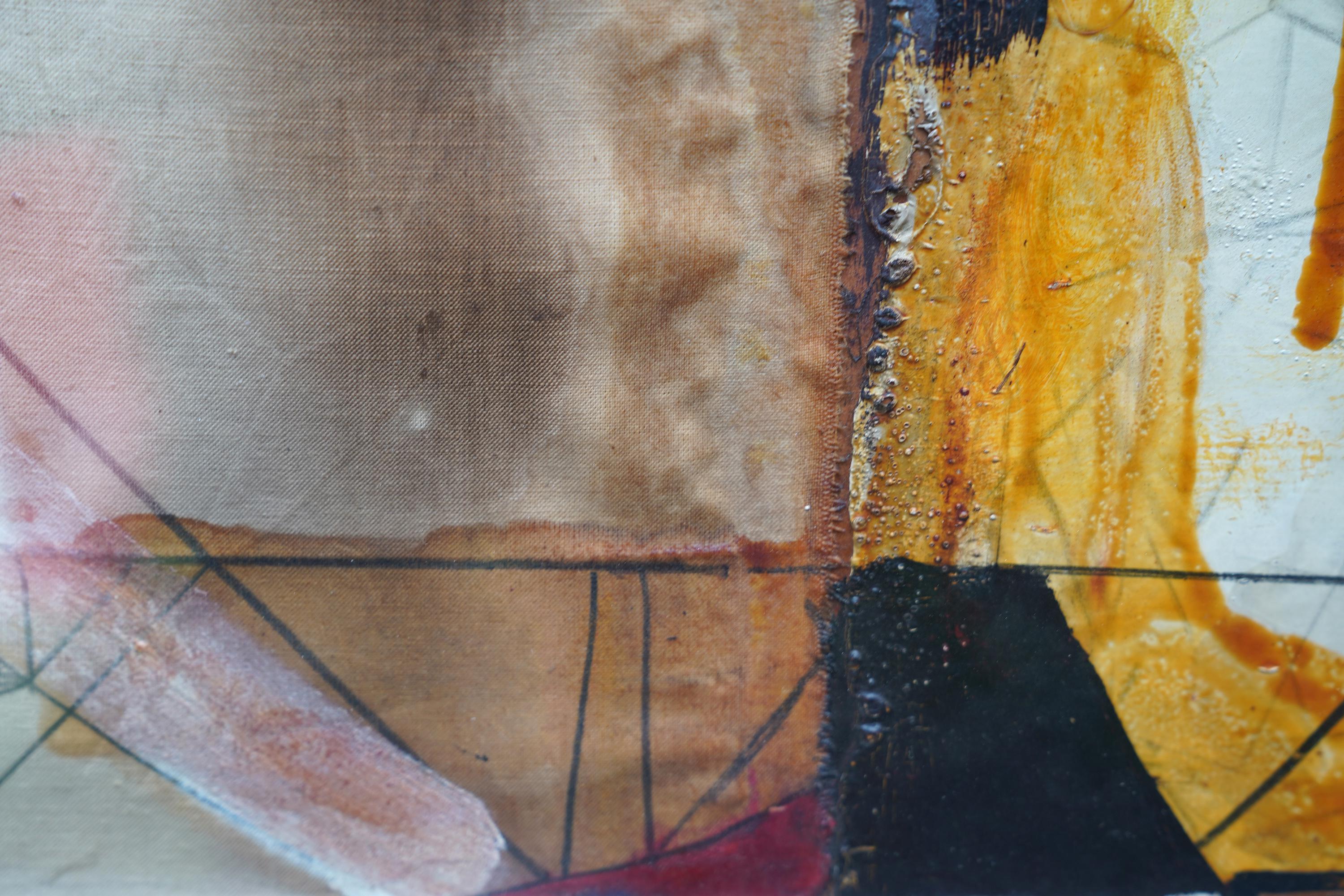 Abstract Composition with Ochre - Danish 1969 art mixed media and oil painting For Sale 2