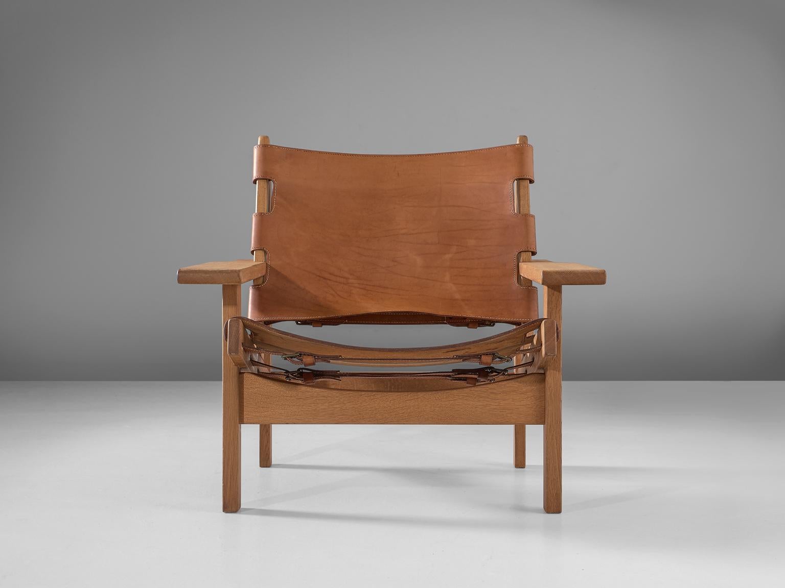 Scandinavian Modern Erling Jessen Cognac Leather and Oak Lounge Chair