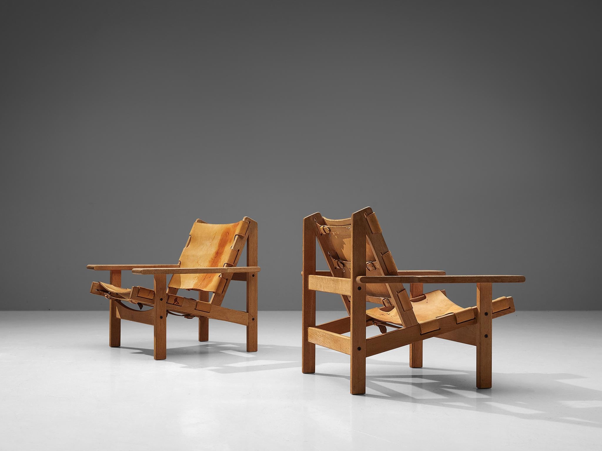 Danish Erling Jessen Pair of Hunting Chairs in Leather and Oak