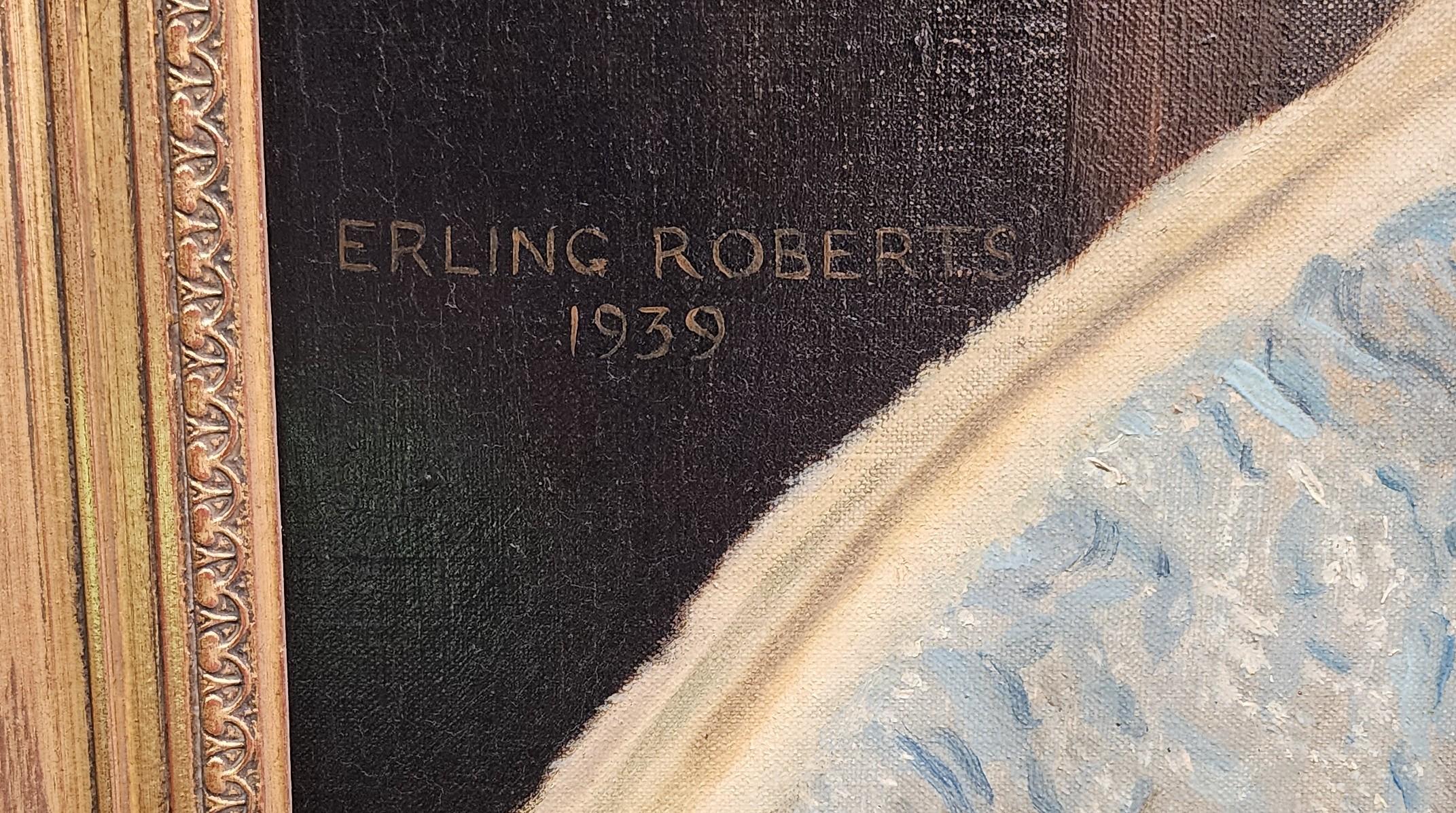 Aljean Stewart Hunt, Ritratto di una donna distinta, bionda, cappotto di pelliccia - Painting di Erling Roberts