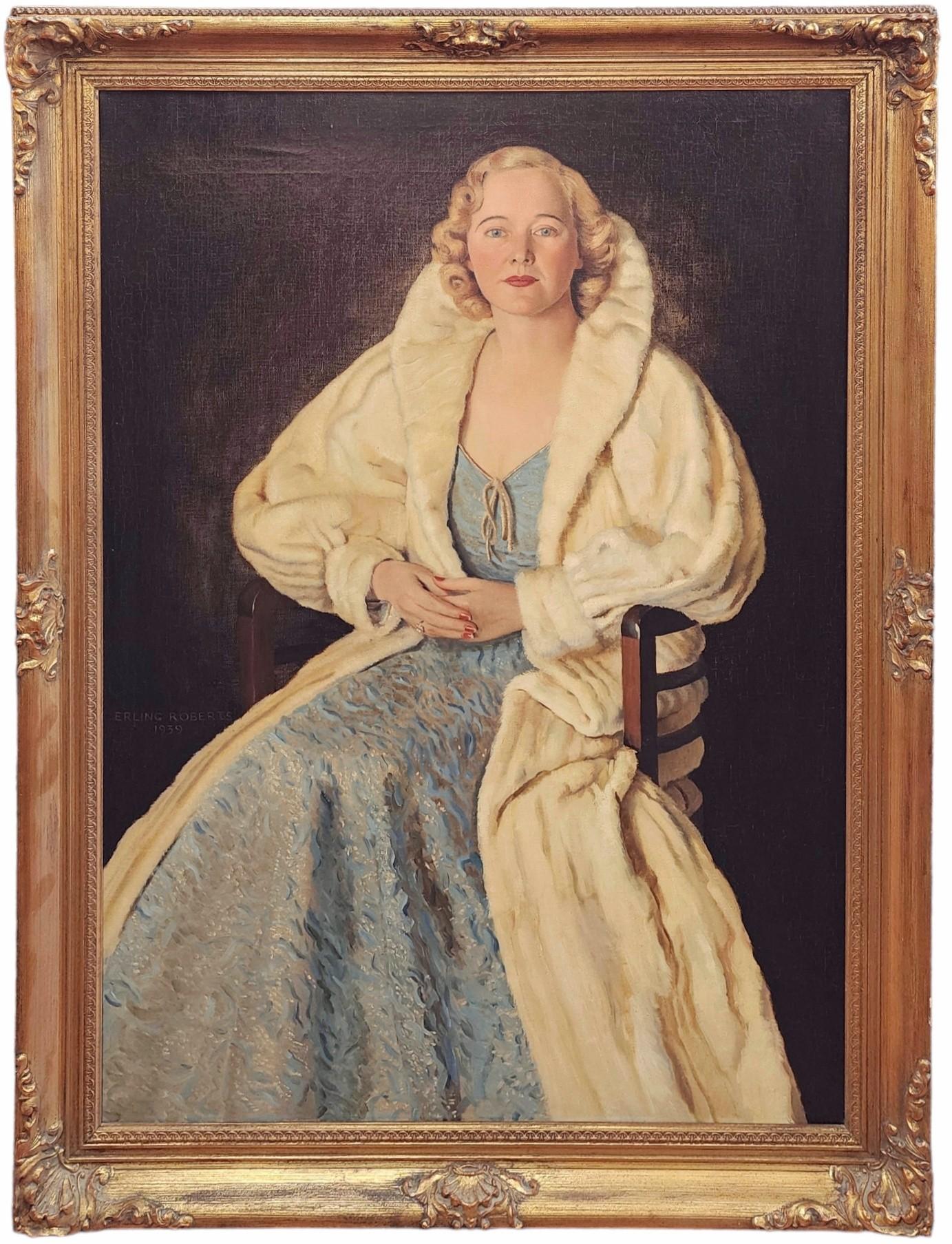 Portrait Painting di Erling Roberts - Aljean Stewart Hunt, Ritratto di una donna distinta, bionda, cappotto di pelliccia