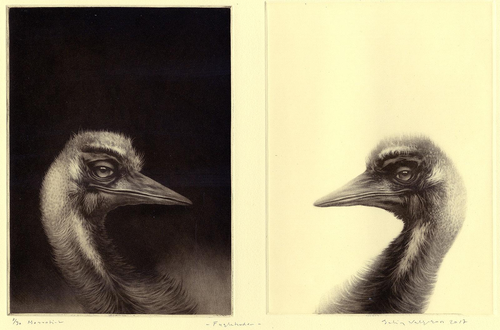 Birdheads (two beaked birds facing off) - Yellow Animal Print by Erling Valtyrson