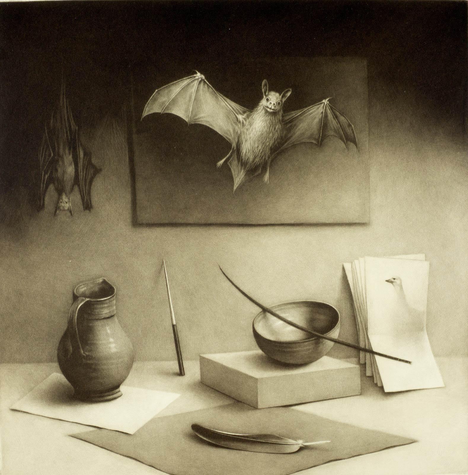 Erling Valtyrson Still-Life Print - Composition in Grey ( Bats, quill pen, paper and pitcher)