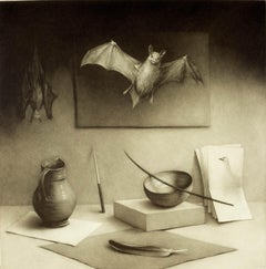 Composition in Grey ( Bats, quill pen, paper and pitcher)