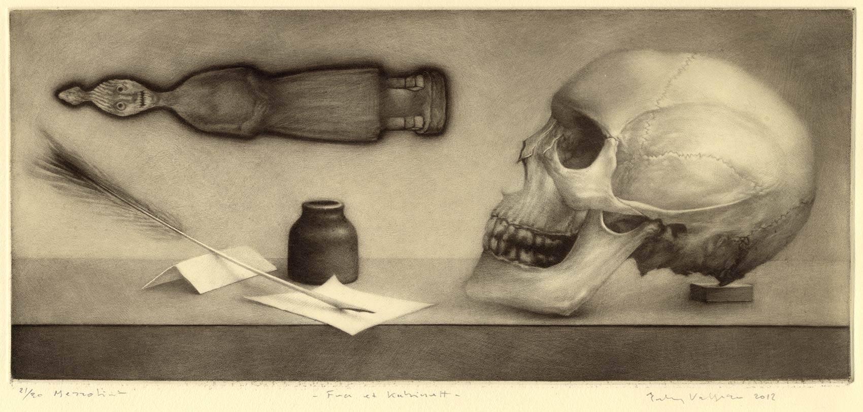 Erling Valtyrson Still-Life Print - From A Cabinet (Still life with skull, quil pen, inkwell, paper and icon)