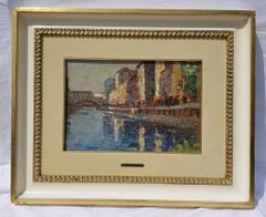 19th century Italian painting view of Milan - Signed oil on panel - Venice Italy