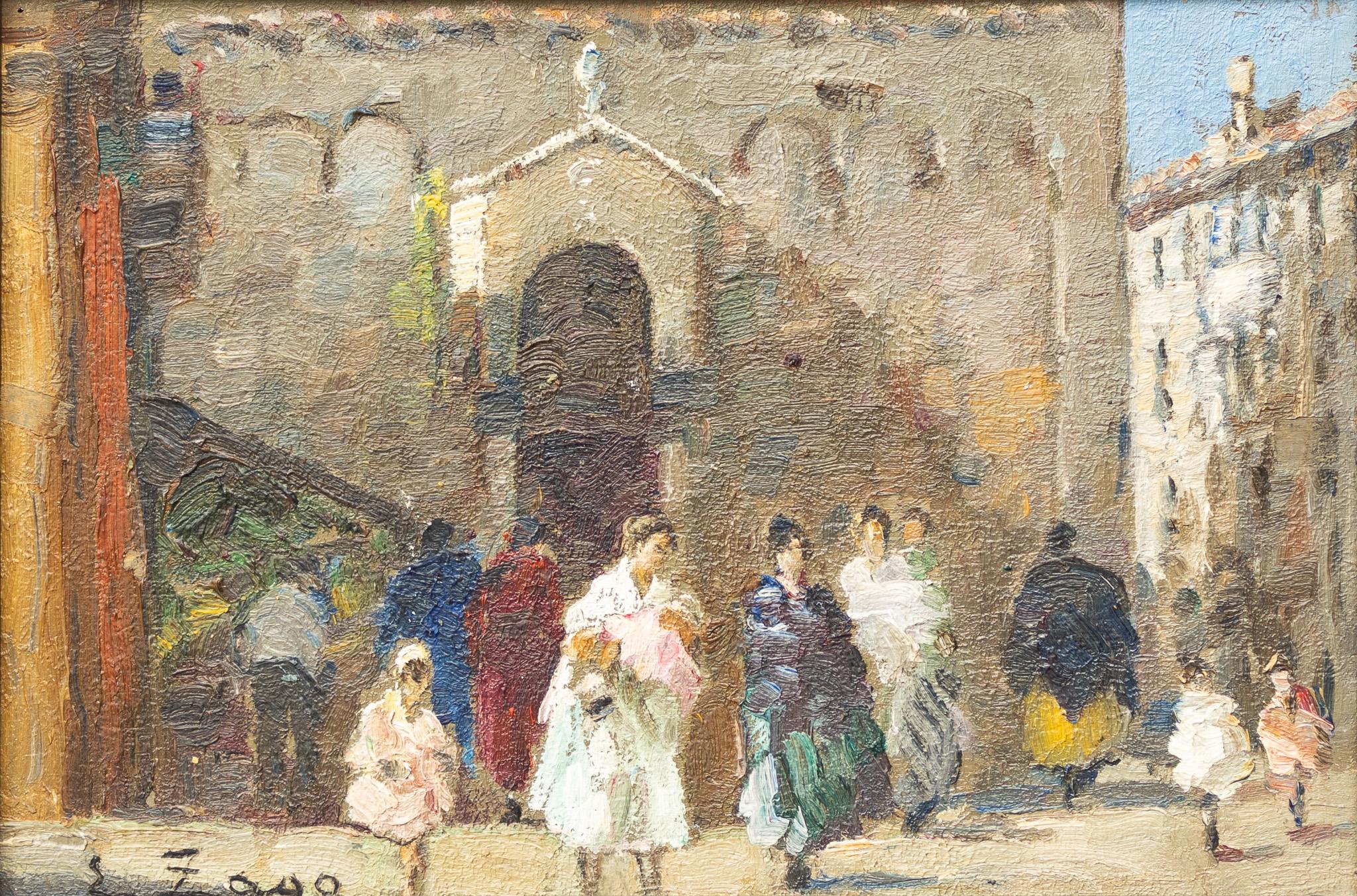 "Shawled Women Leaving Church" Venetian Street Scene - Painting by Erma Zago