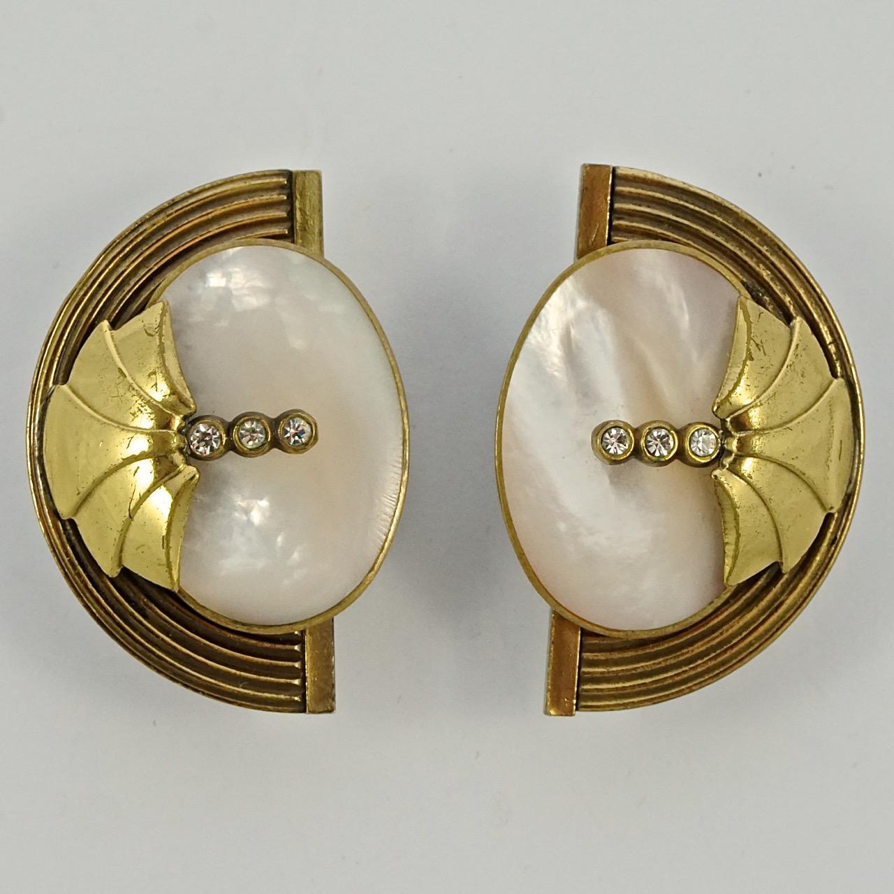 Round Cut Ermani Bulatti Gold Plated Mother of Pearl Crystal Necklace and Earrings Set For Sale