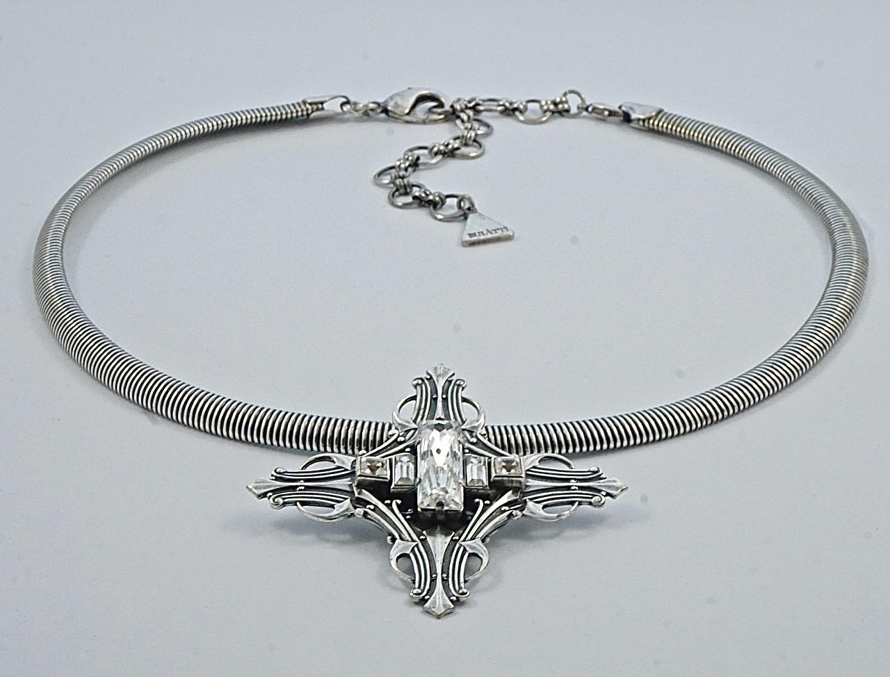 Ermani Bulatti Silver Tone and Crystal Cross Pendant and Omega Chain circa 1980s For Sale 2